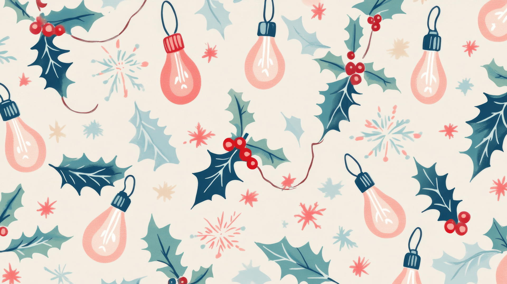 preppy Christmas wallpaper with retro-style Christmas light bulbs in pastel pink, blue, and green intertwined with holly and snowflakes