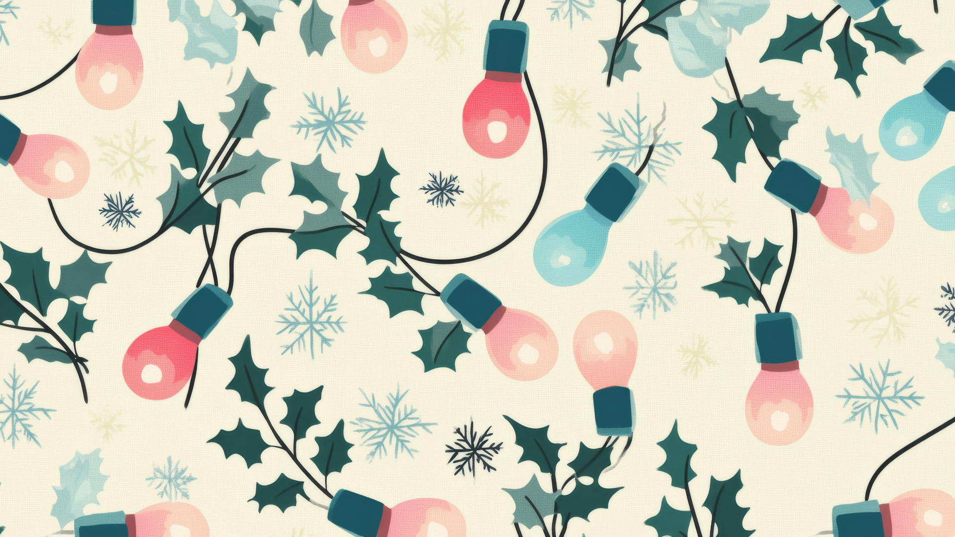 preppy Christmas wallpaper with retro-style light bulbs in pastel colors, holly, and snowflakes
