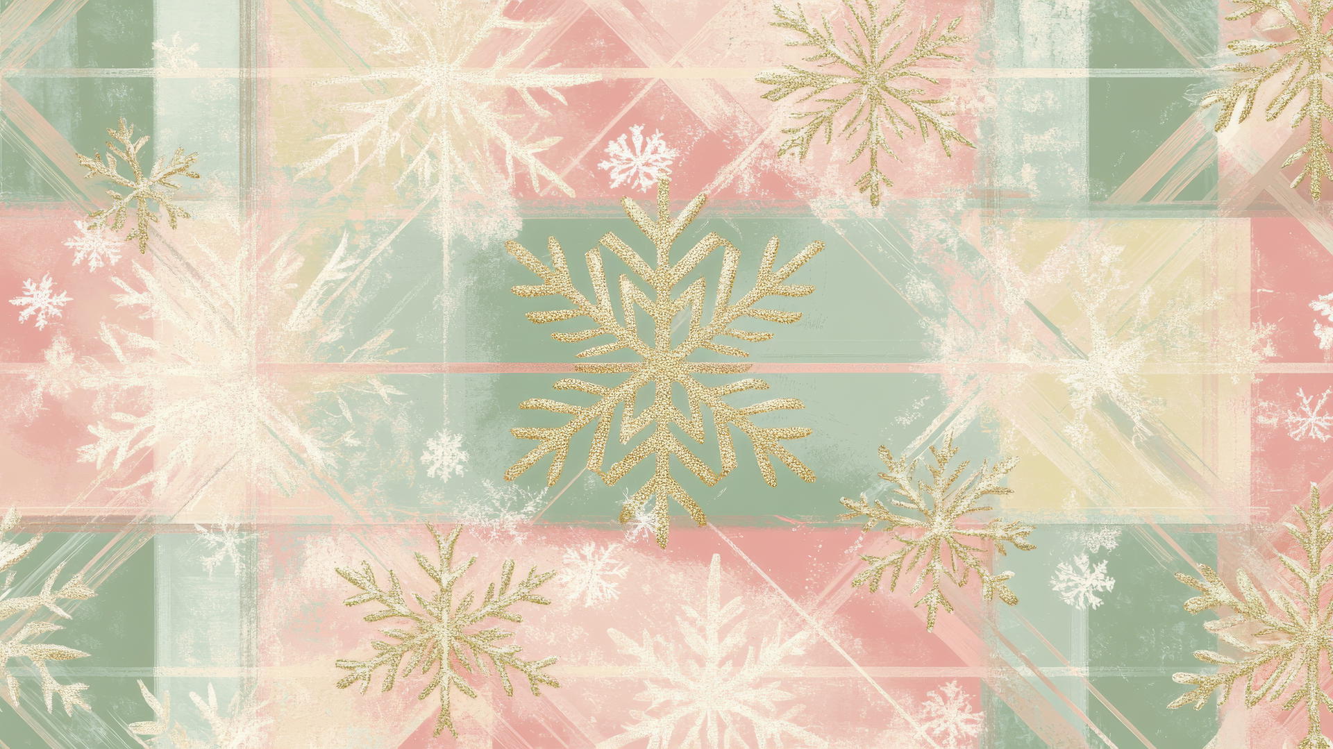 preppy Christmas wallpaper with plaid pattern in pastel pink, mint green, and gold with snowflakes and holly leaves