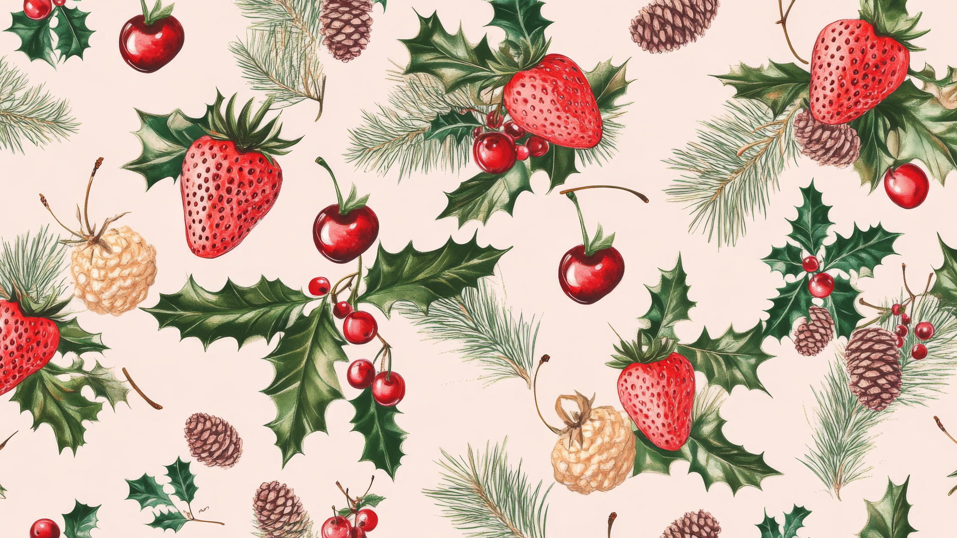 preppy Christmas wallpaper with strawberries, cherries, pine cones, holly, and mistletoe on a soft pink background