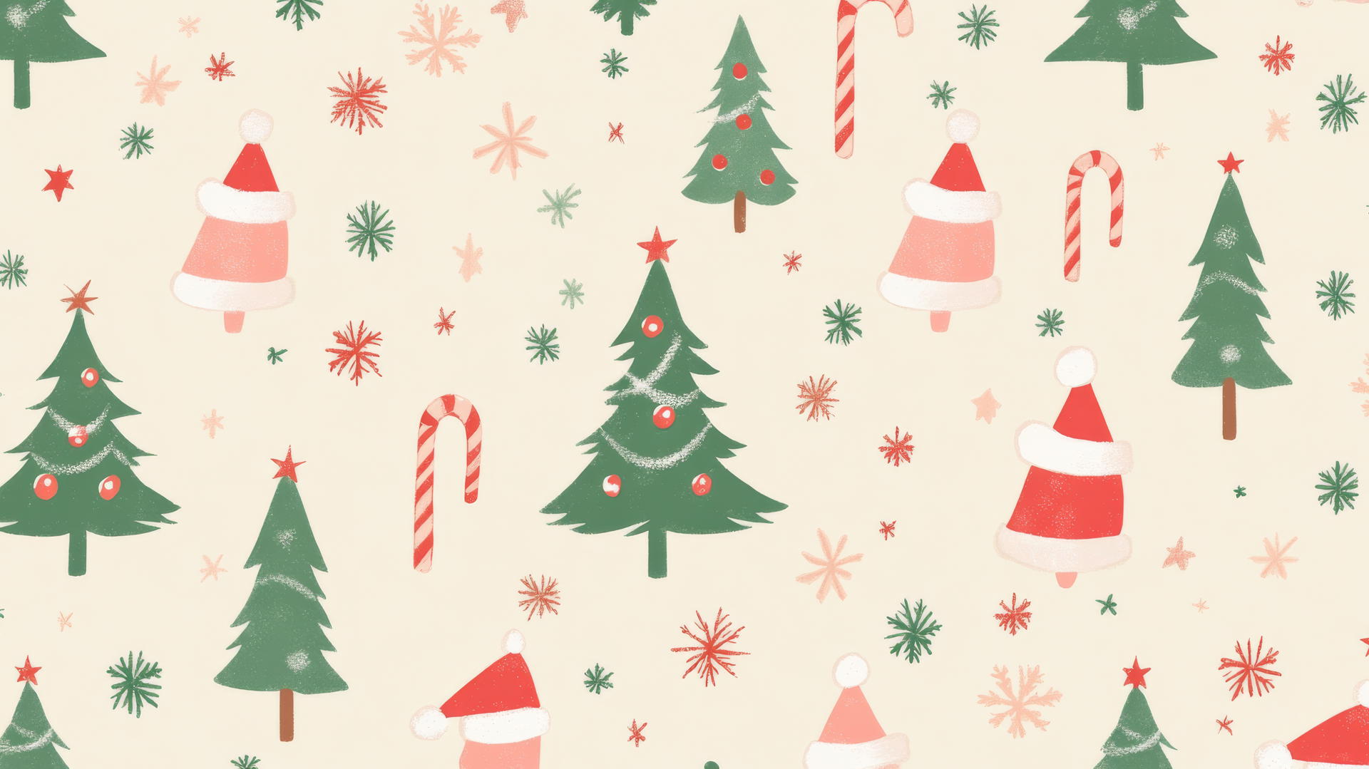 Preppy Christmas wallpaper with pastel pink and green trees, candy canes, and snowflakes on a cream background.