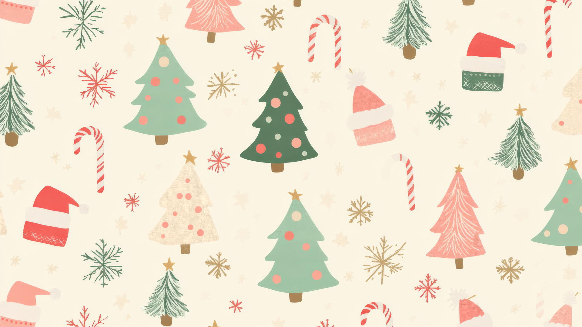 preppy Christmas wallpaper with pink and green trees, candy canes, snowflakes, and Santa hats