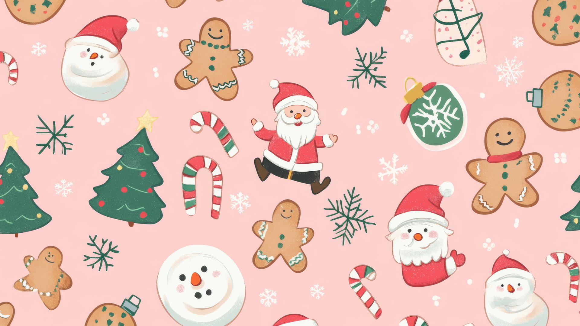 Preppy wallpaper with Christmas pattern of gingerbread cookies, Santa Claus, snowmen, and Christmas trees on pastel pink background.