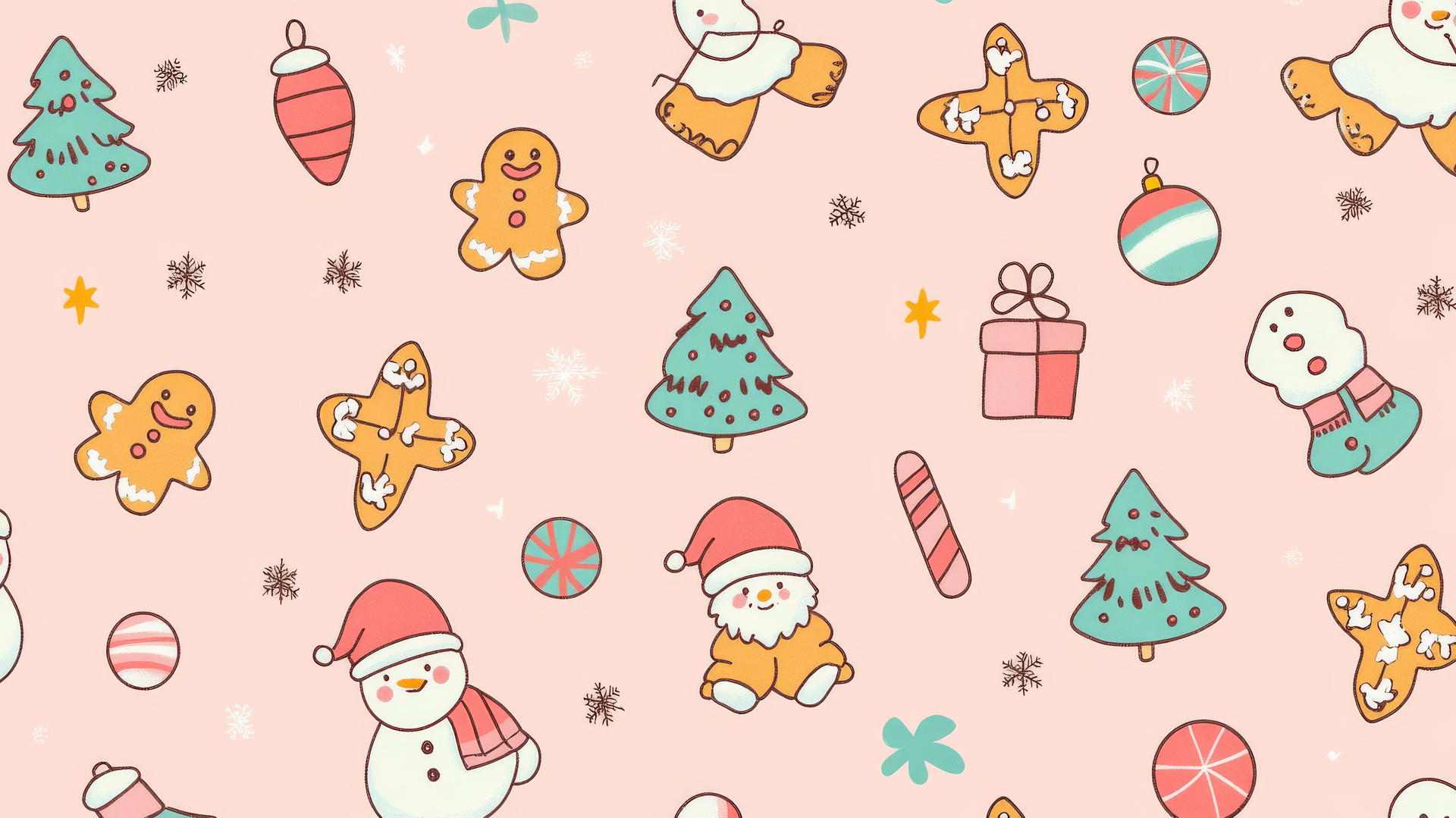 Cute preppy wallpaper with gingerbread cookies, Santa Claus, snowmen, and Christmas trees on a pastel pink background.