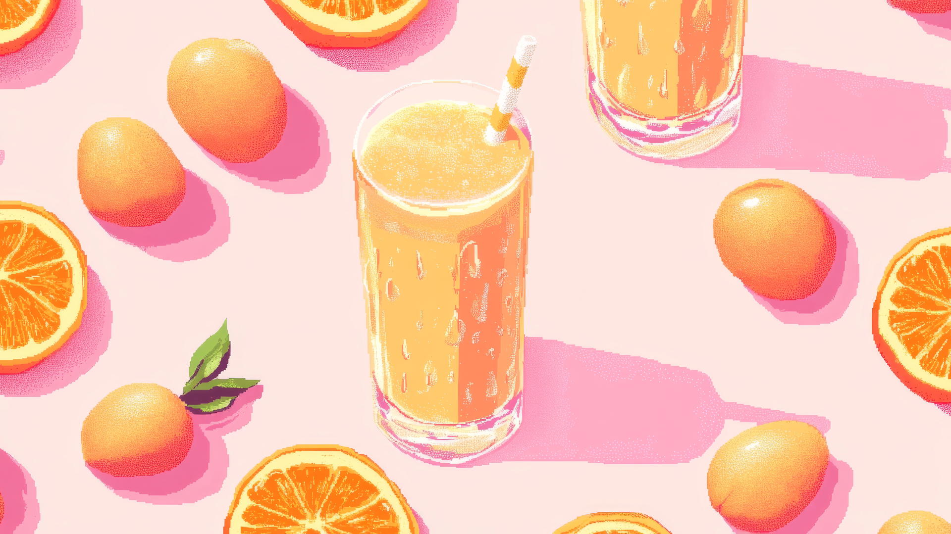 preppy wallpaper of 8-bit pixel art pattern featuring orange and pink peach juice with glass outlines