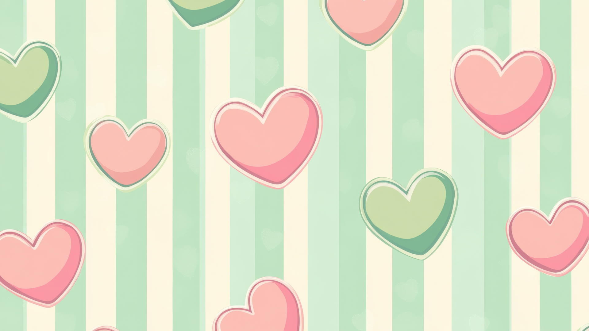 Retro preppy wallpaper with pink and green hearts on mint