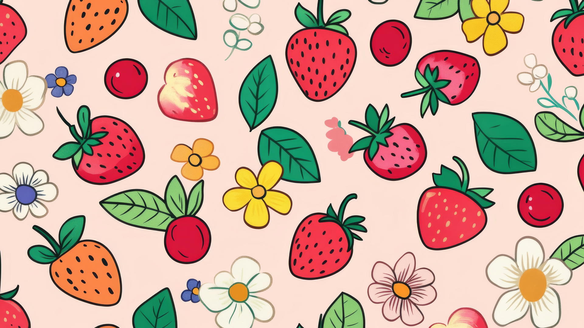 Preppy wallpaper with vibrant hand-drawn strawberries, cherries, and flowers