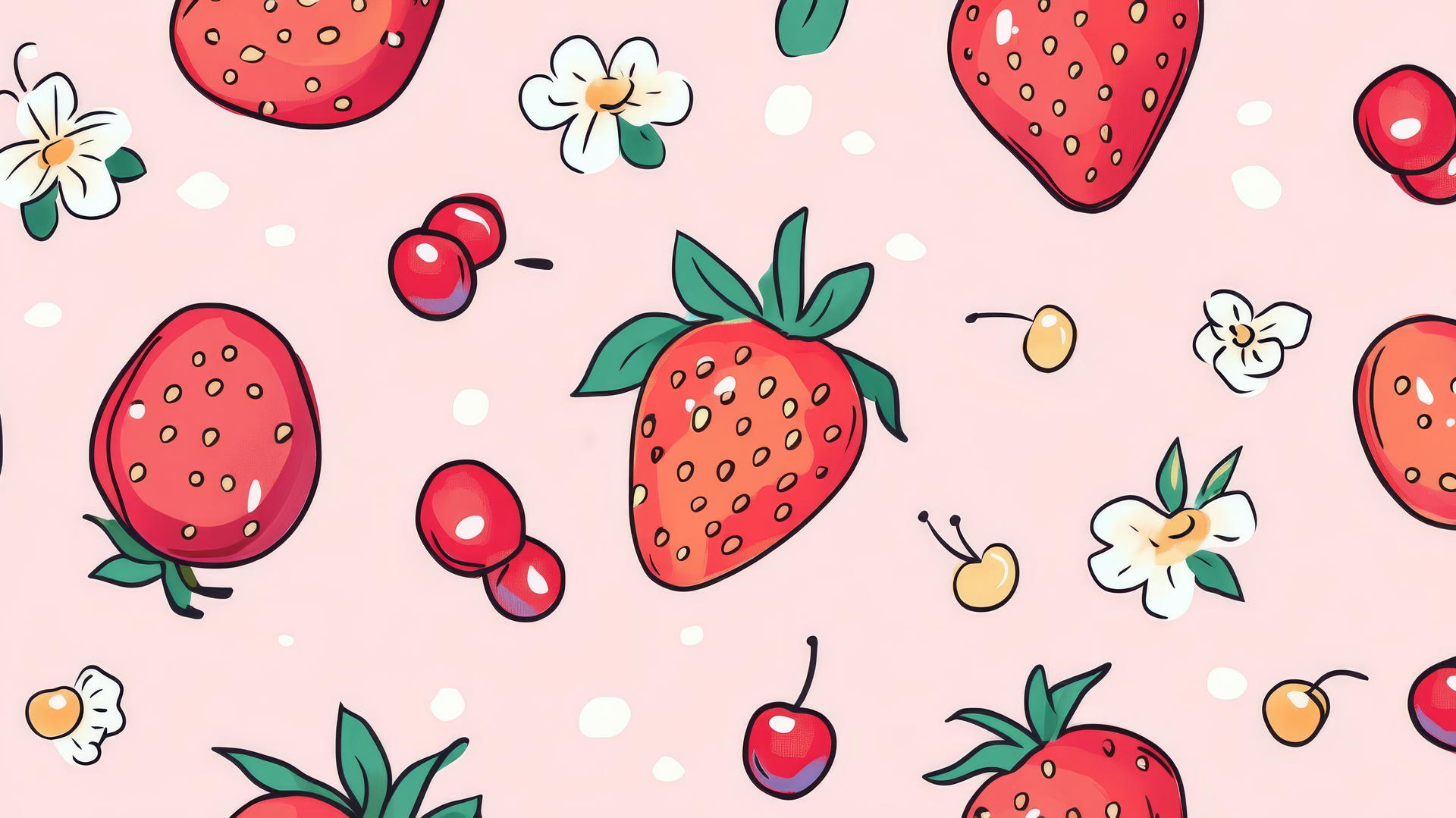preppy wallpaper with hand-drawn strawberries, cherries, and flowers on a light pink background