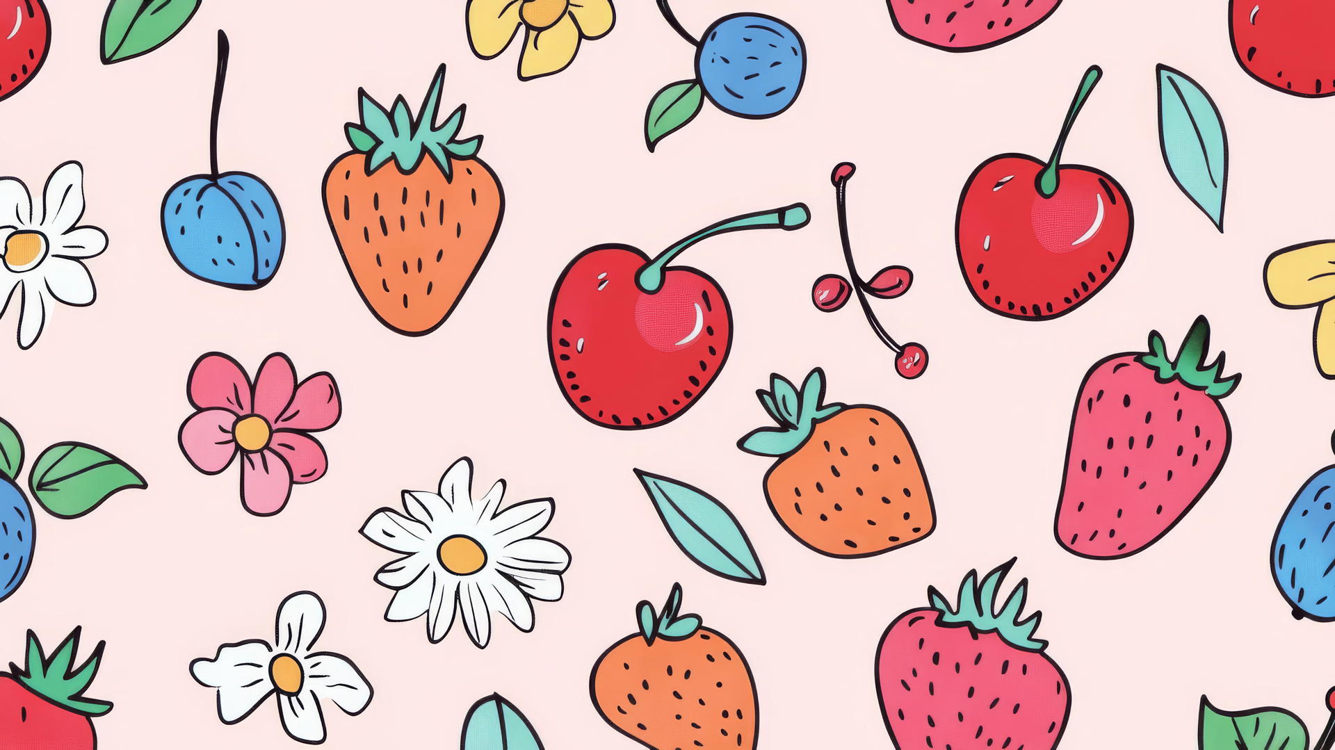 preppy wallpaper with cute doodles of strawberries, cherries, and flowers on light pink background