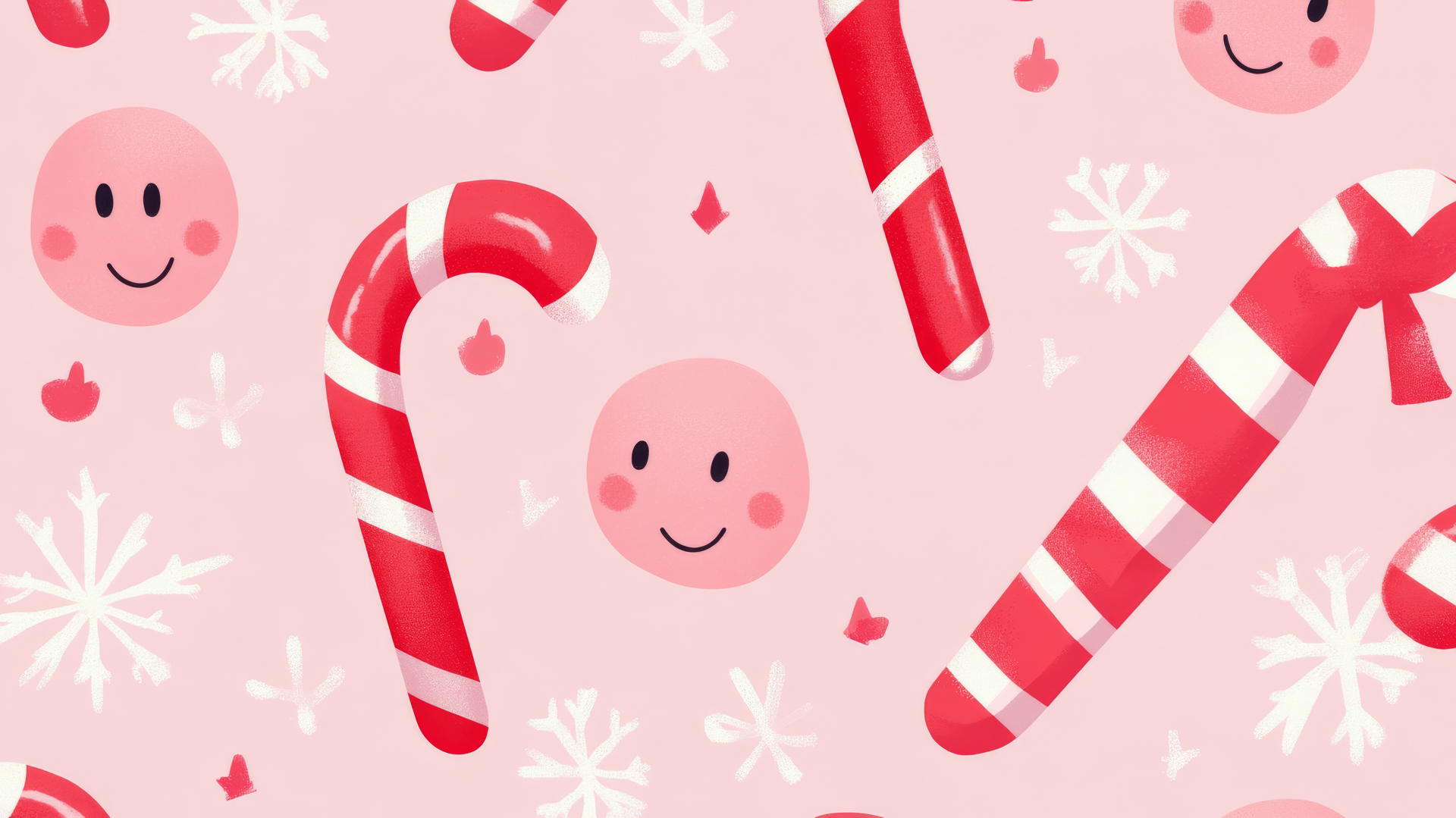 Preppy wallpaper with retro Christmas candy canes and smiling faces on pastel pink and red checkered background