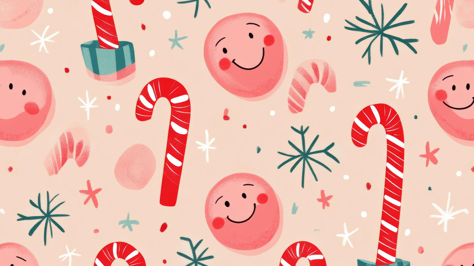 preppy wallpaper with retro Christmas pattern, candy canes, smiling faces, in pink and red