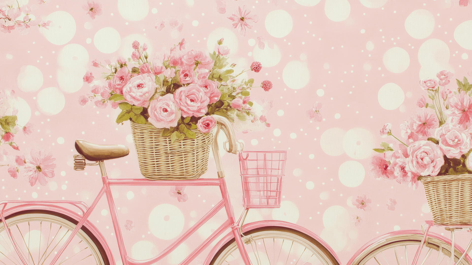 preppy pink wallpaper with vintage bicycles and flower baskets on polka dot background