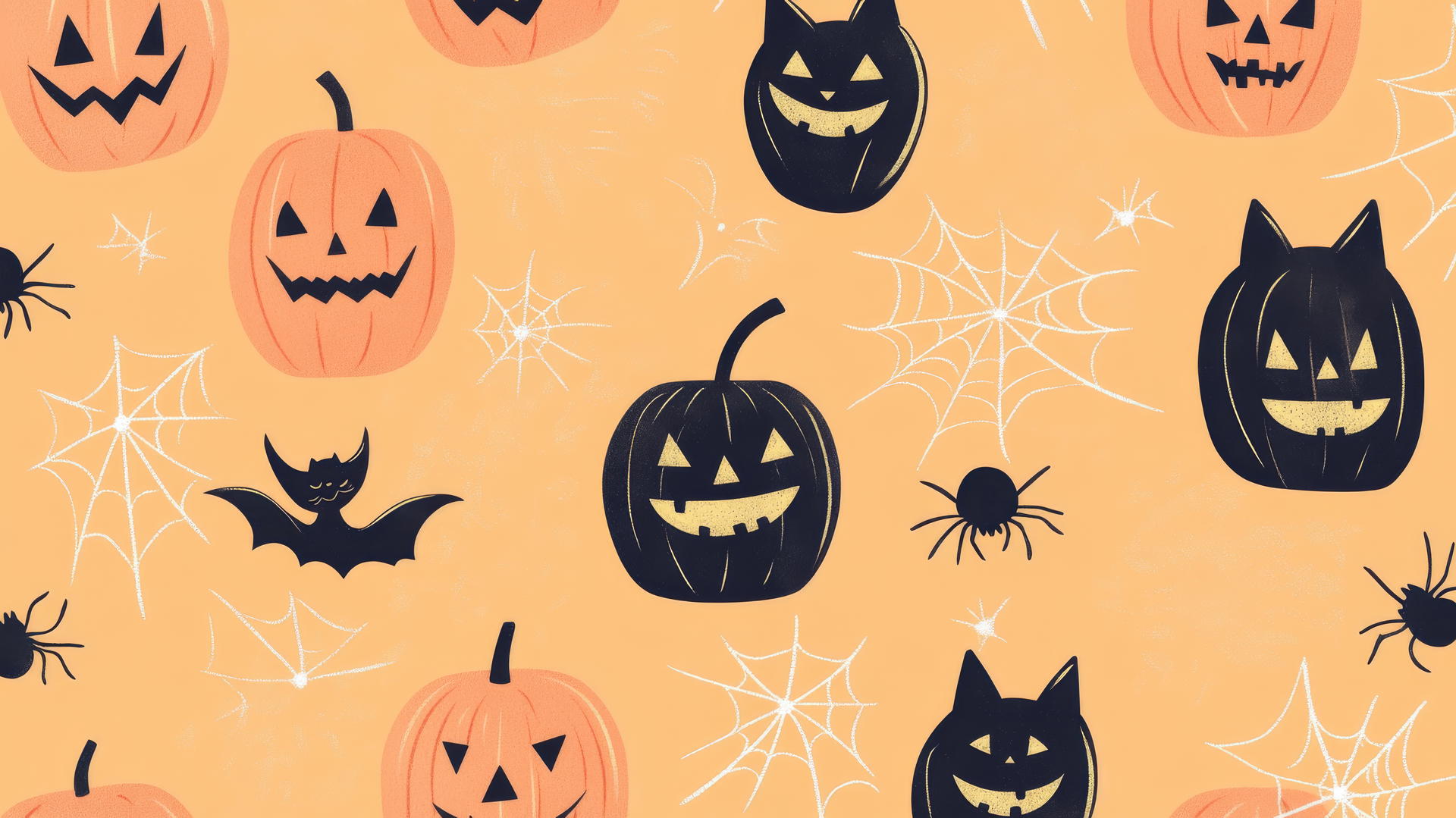 preppy halloween wallpaper with jack-o'-lanterns, black cats, spiderwebs on pastel orange