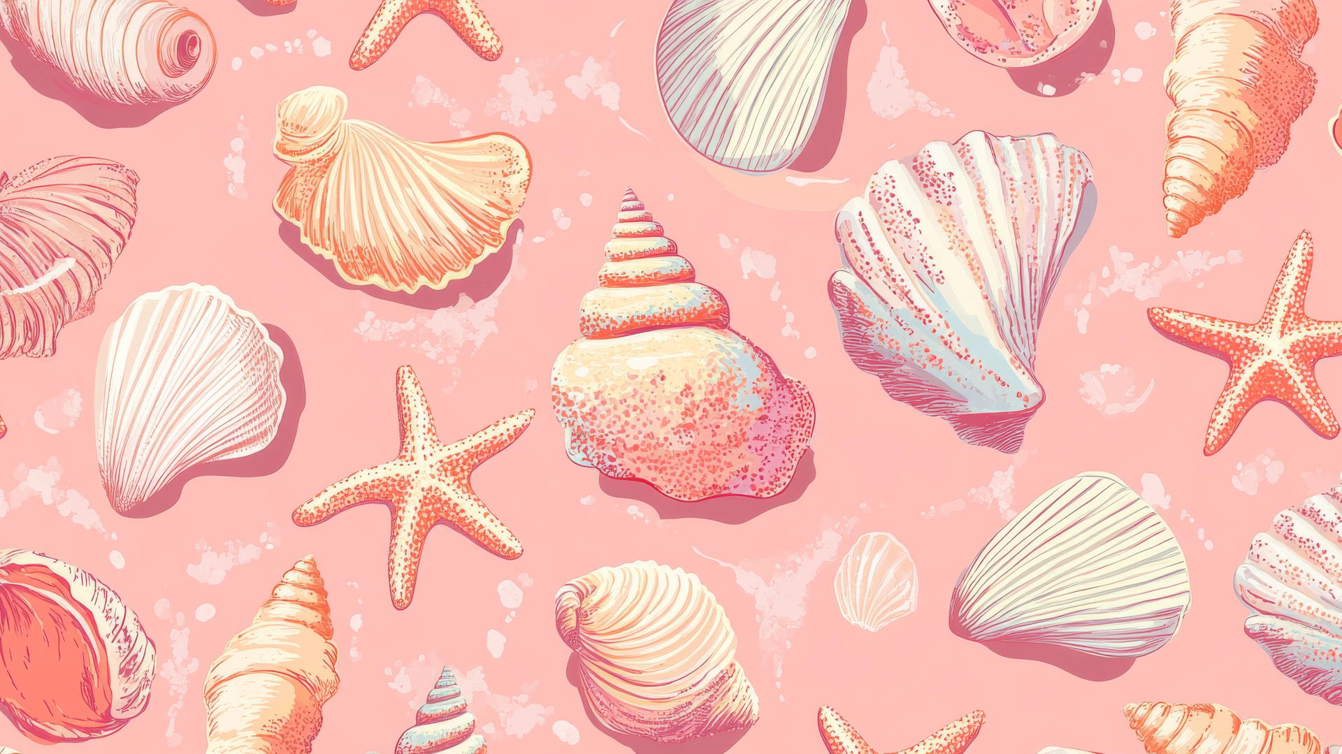 Preppy summer wallpaper with hand-drawn seashells and starfish