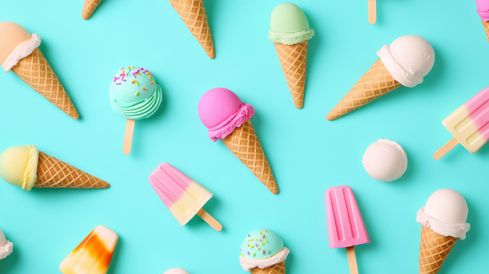preppy summer wallpaper with cute cartoon-style ice cream cones and popsicles on a light teal background