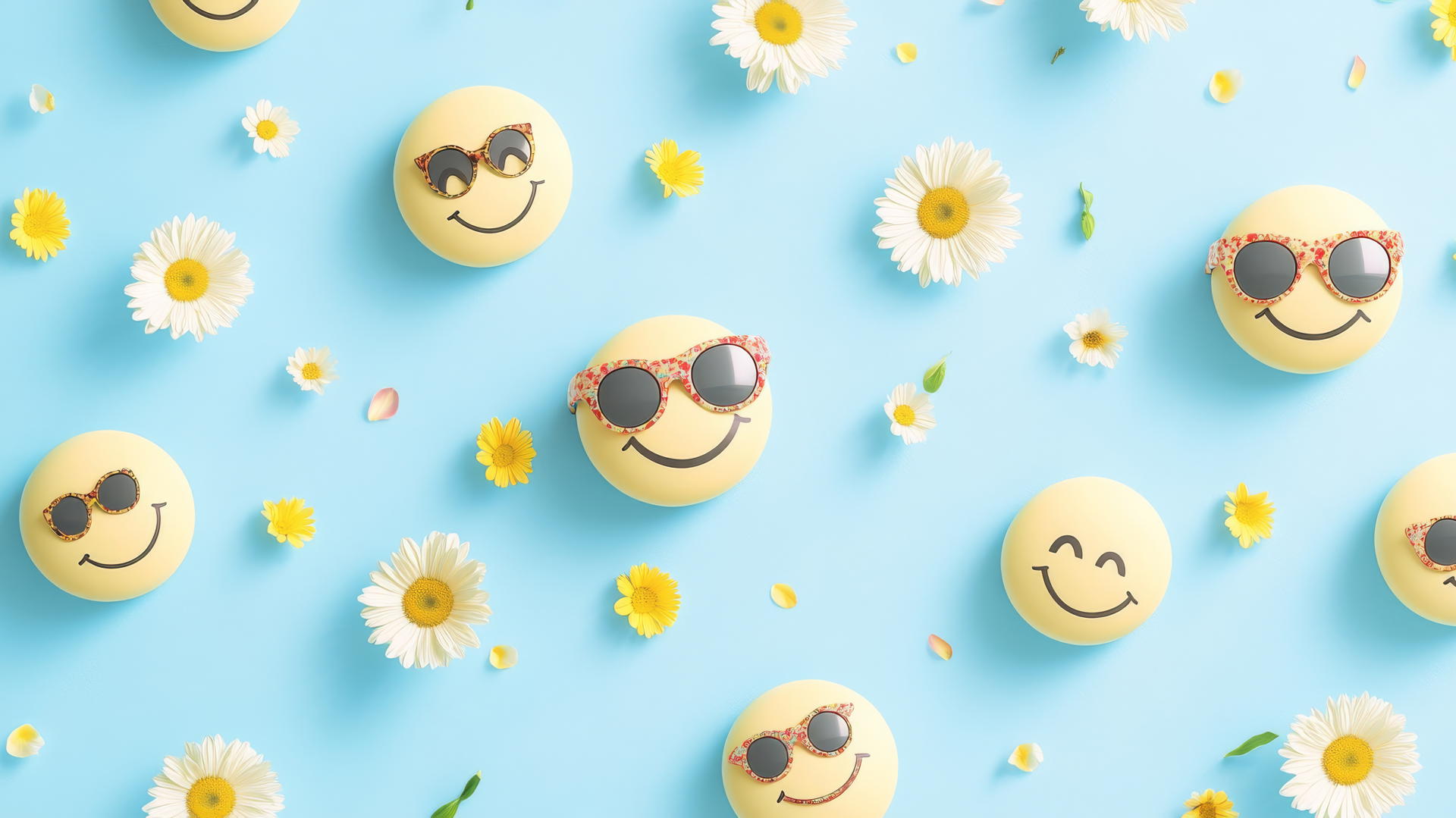 Preppy wallpaper smiley face with sunglasses and flower petals on light blue background