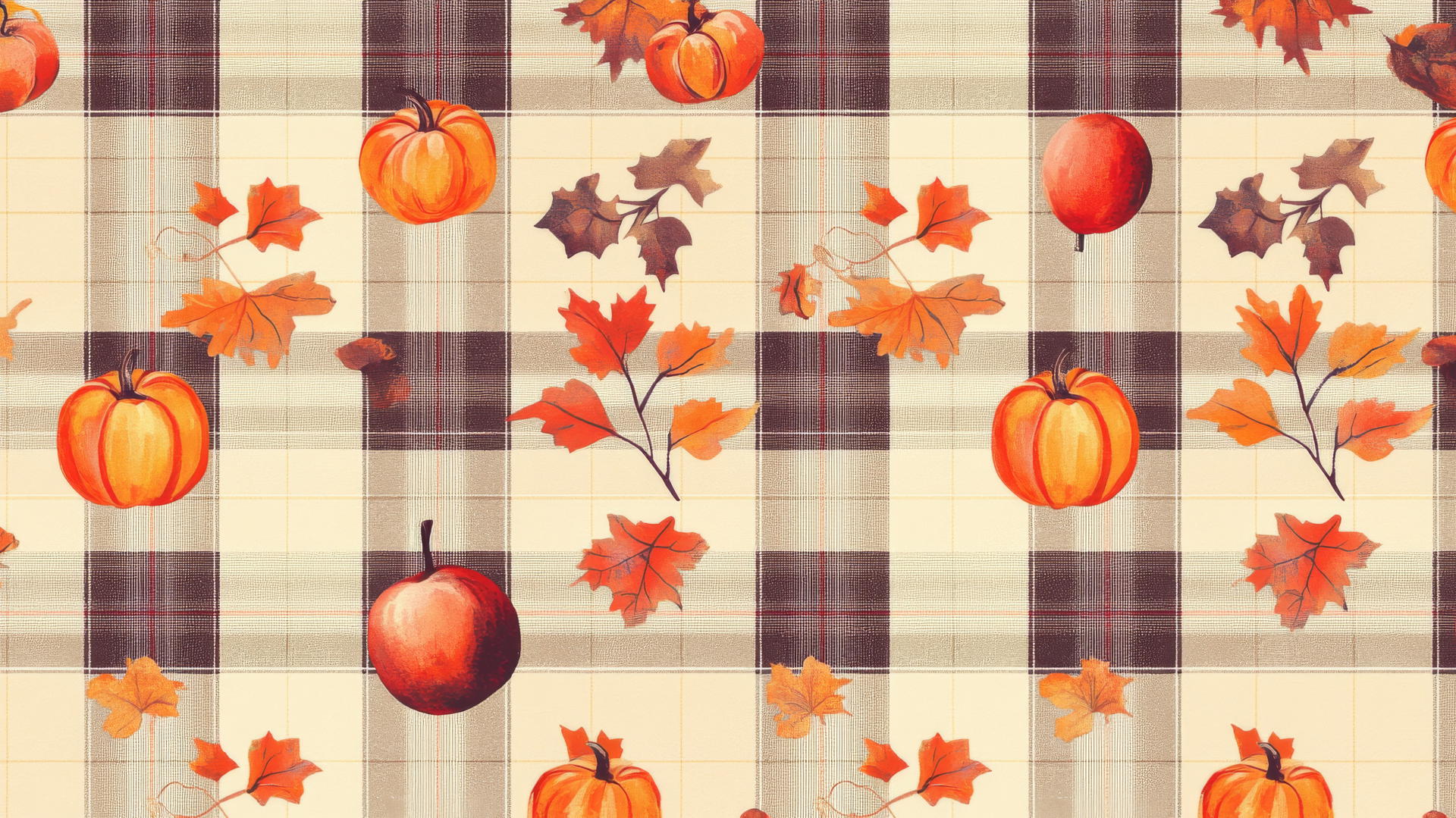 Preppy autumn wallpaper with warm-toned plaid, small apples, pumpkins, and fall leaves.