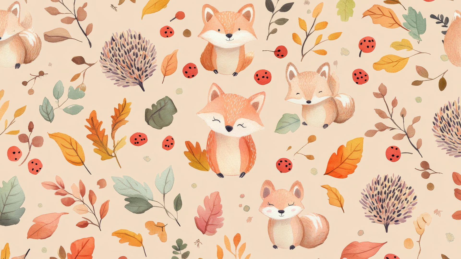 preppy autumn wallpaper with pastel-colored foxes, hedgehogs, autumn leaves, and berries on a peach background