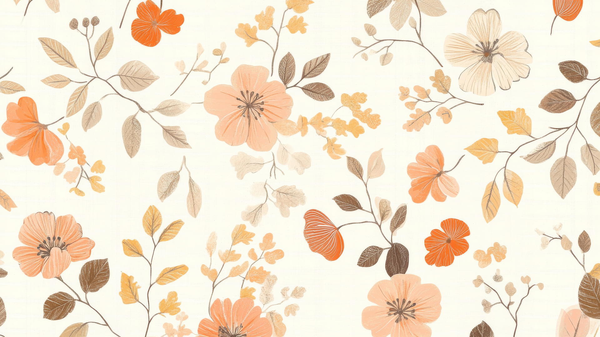 Preppy autumn wallpaper with hand-drawn fall flowers and leaves in pastel pinks, oranges, and browns.