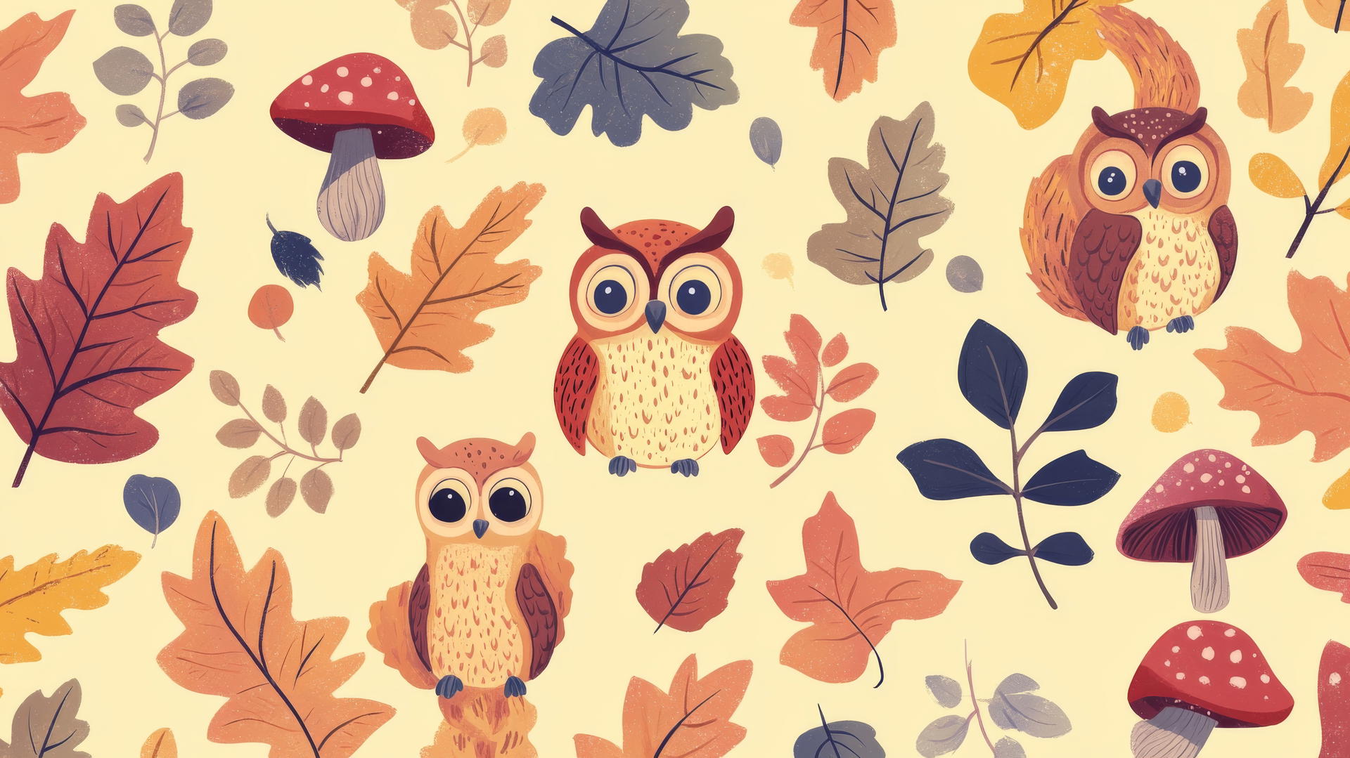 Preppy autumn wallpaper with cartoon owls, squirrels, leaves, mushrooms