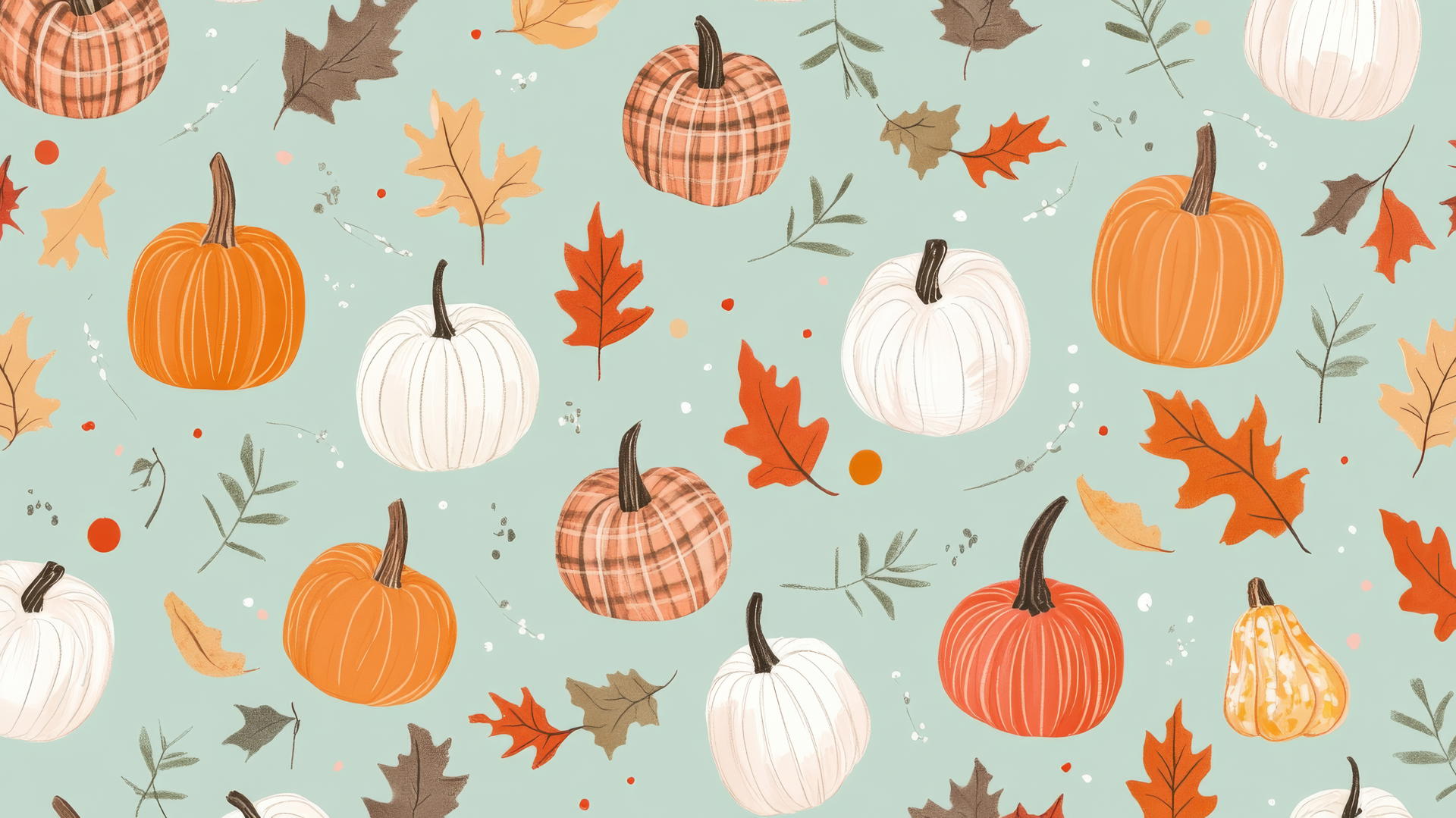 preppy autumn wallpaper with hand-drawn pumpkins, gourds, and fall leaves on a soft mint green background