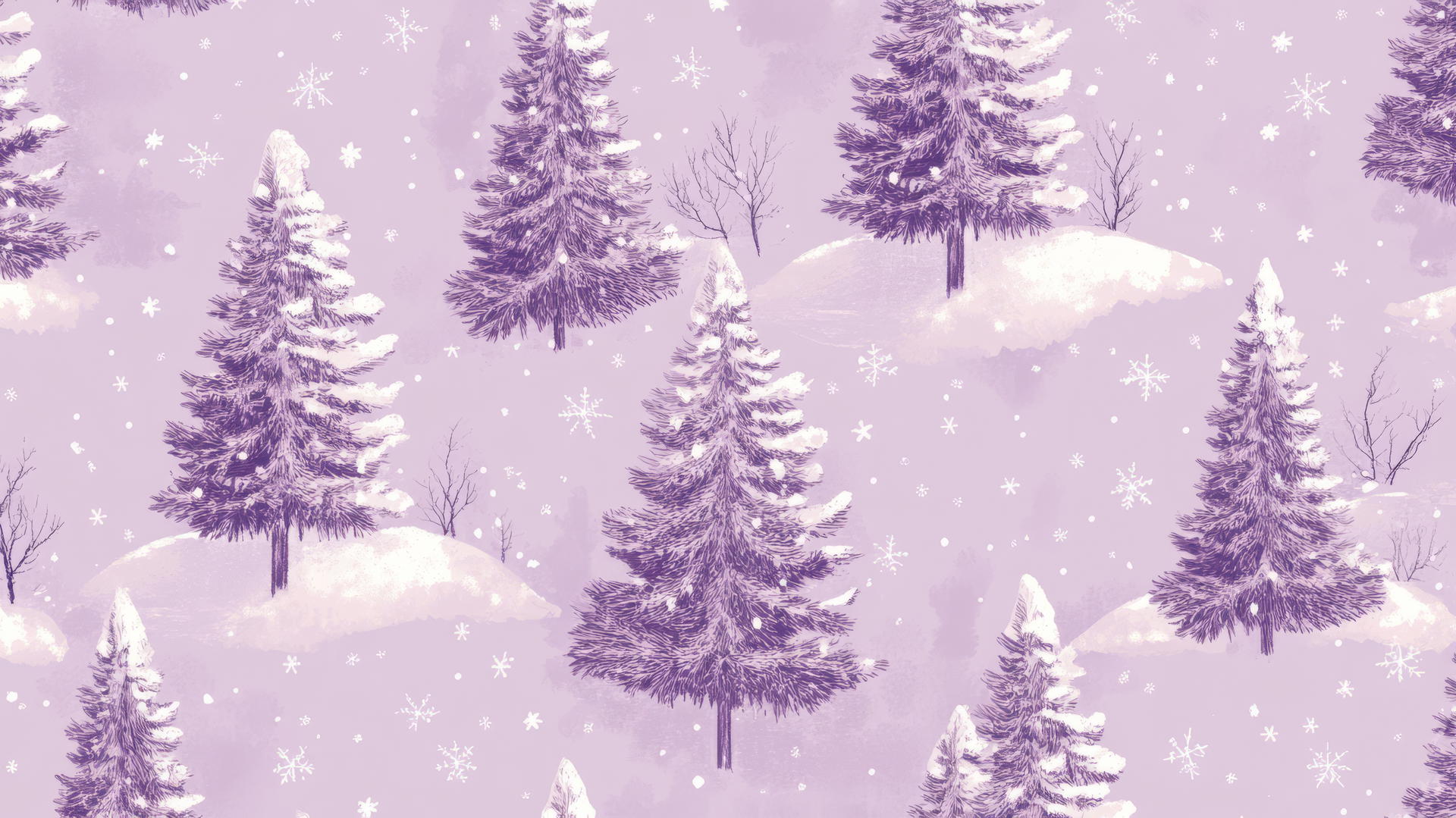 preppy winter wallpaper with snow-capped evergreen trees and twinkling stars on lilac background