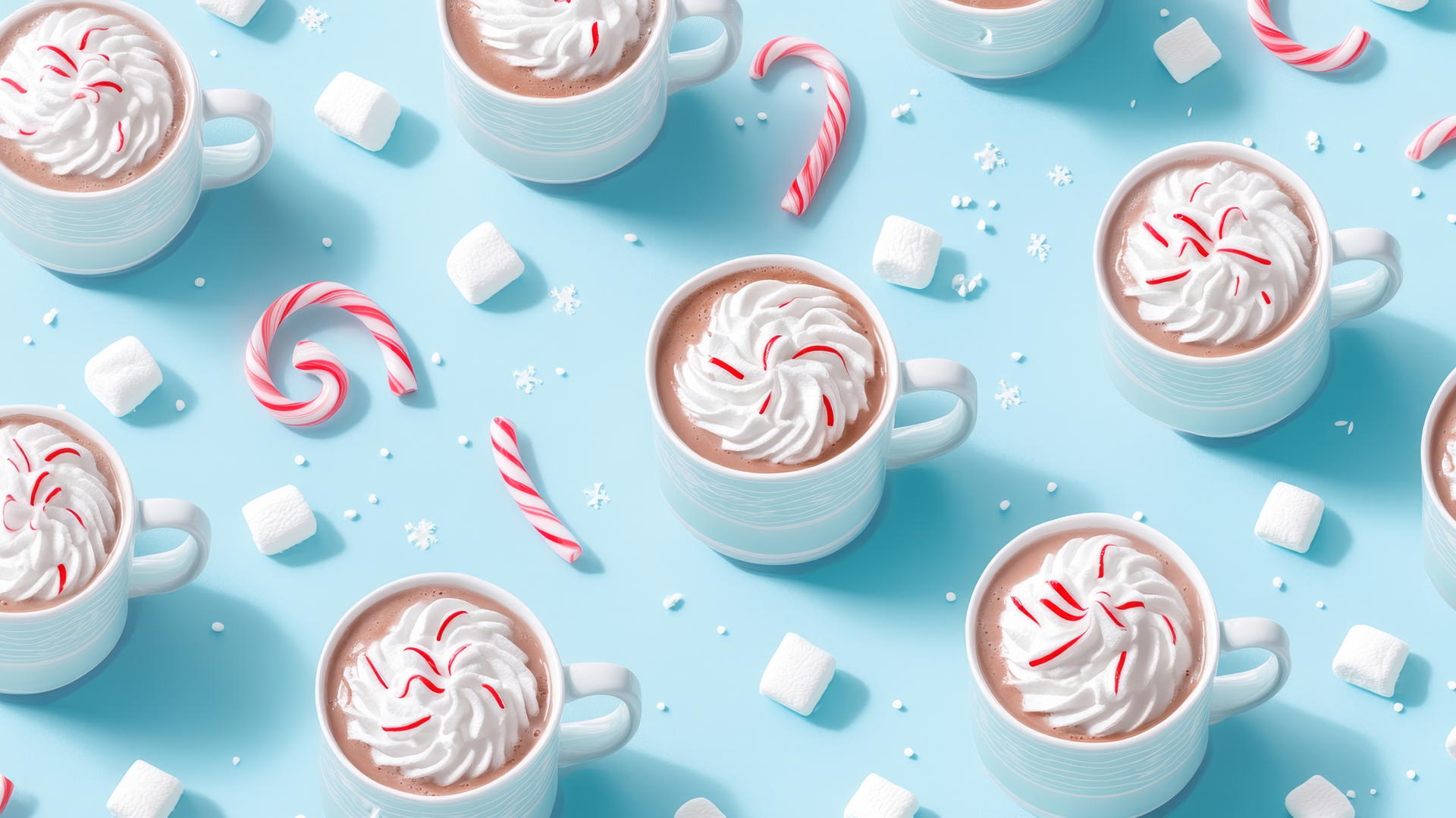 preppy winter wallpaper with hot cocoa mugs, marshmallows, candy canes, and whipped cream on pastel blue