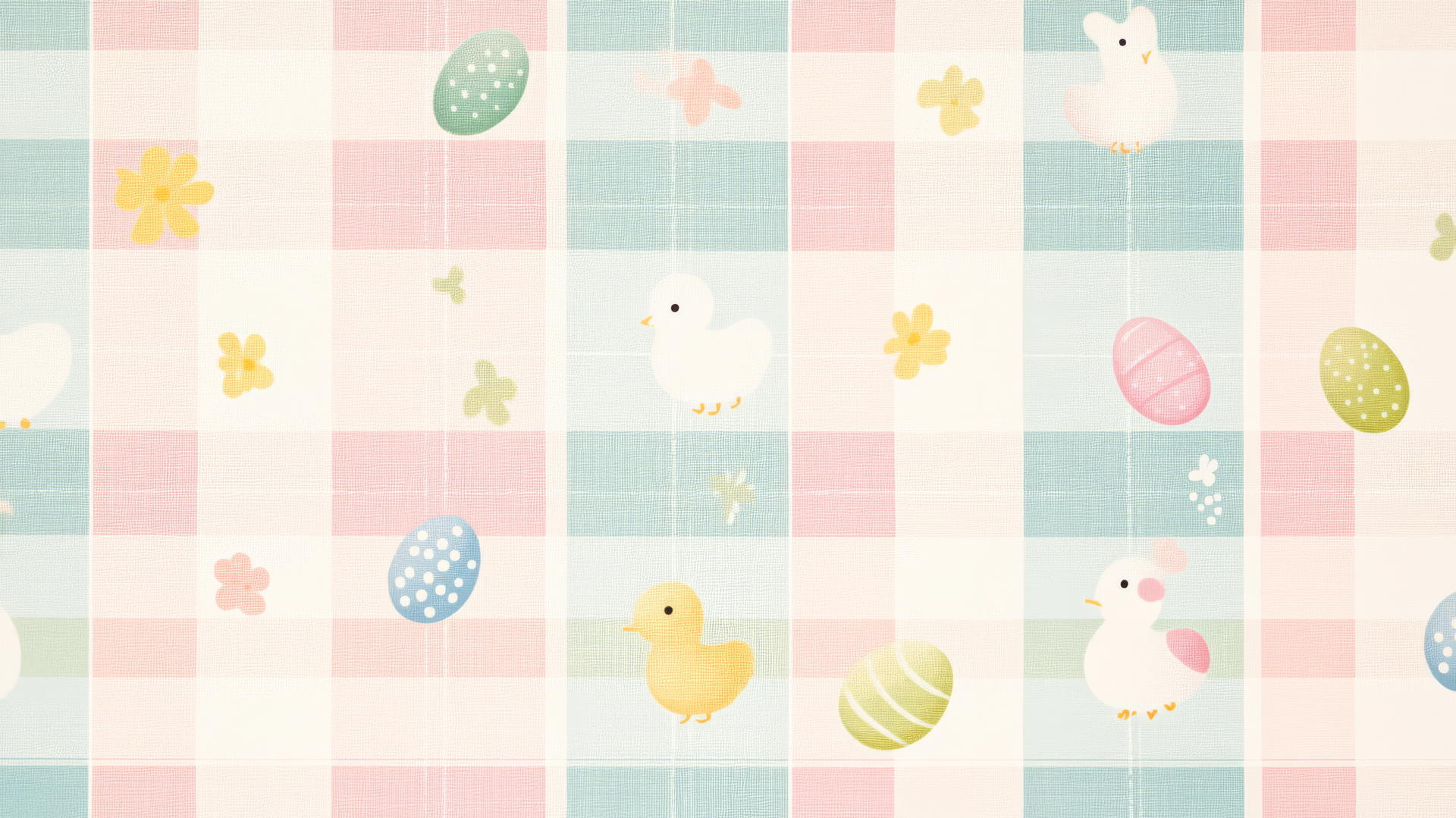 Preppy Easter wallpaper with pastel plaid background, bunnies, chicks, eggs.
