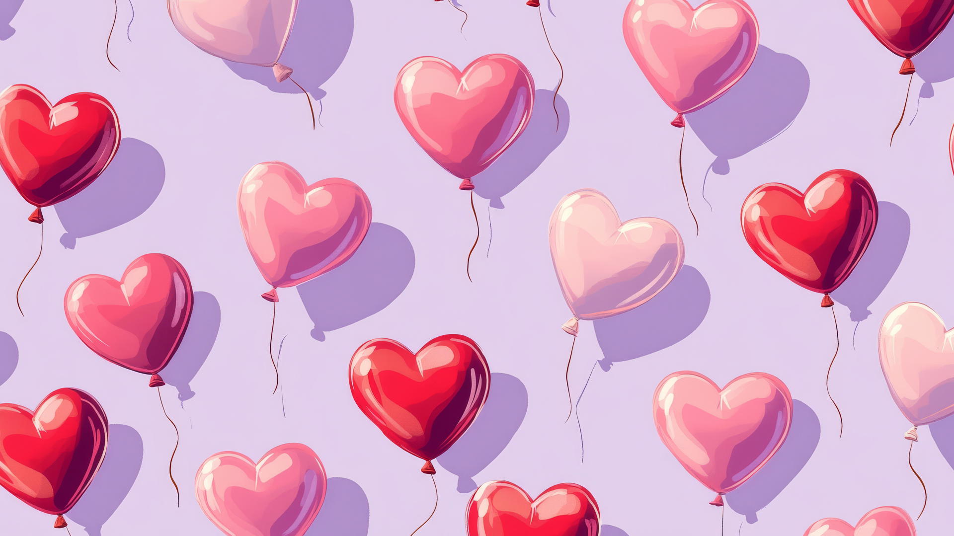 preppy valentines wallpaper with heart-shaped balloons in pink and red on a light pastel purple background