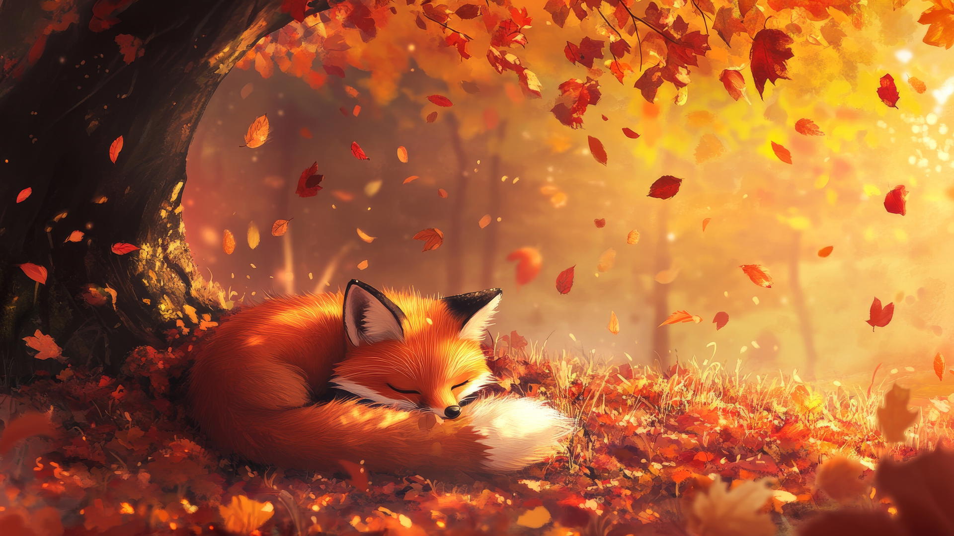 cute fall aesthetic wallpapers with a fox under a tree and falling leaves