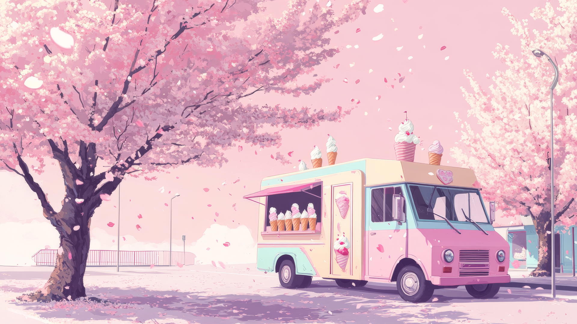 cute wallpapers for girls aesthetic with pastel ice cream truck, kawaii ice cream cones, and cherry blossoms