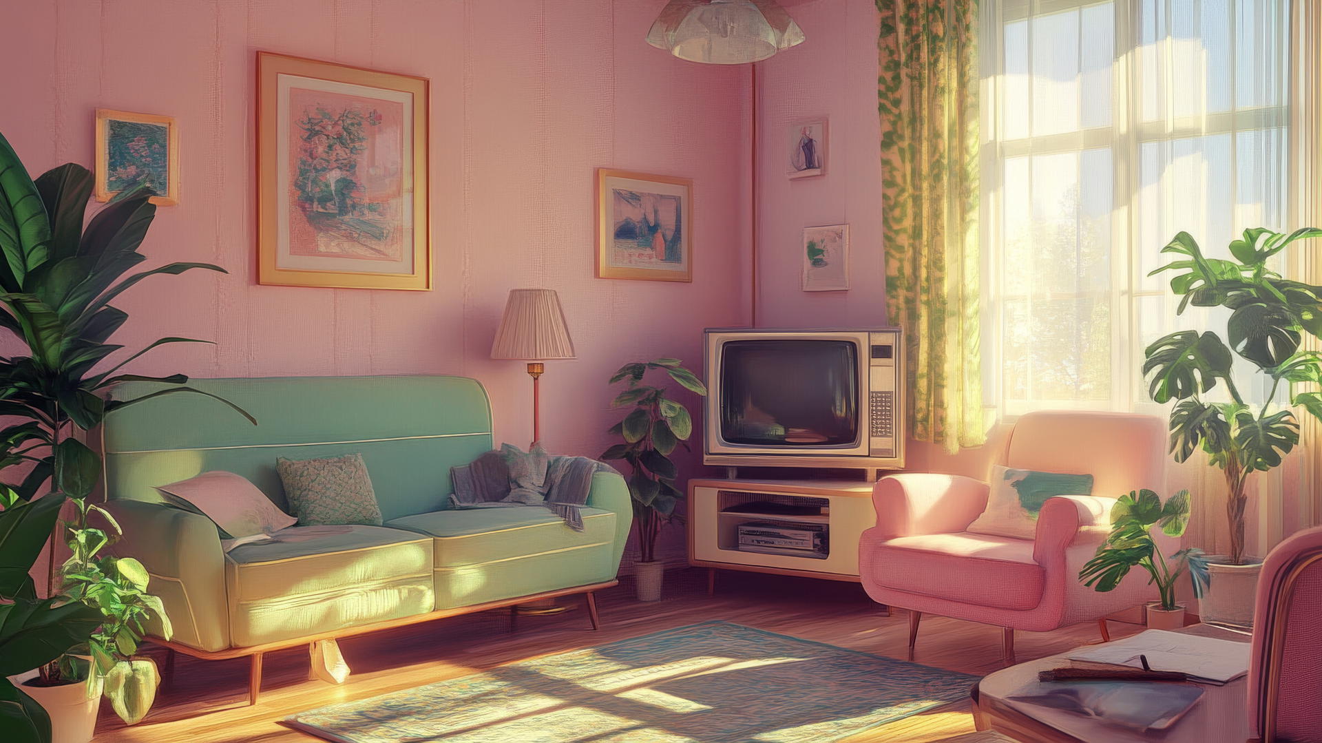cute wallpapers aesthetic, pastel retro living room with vintage TV and houseplants