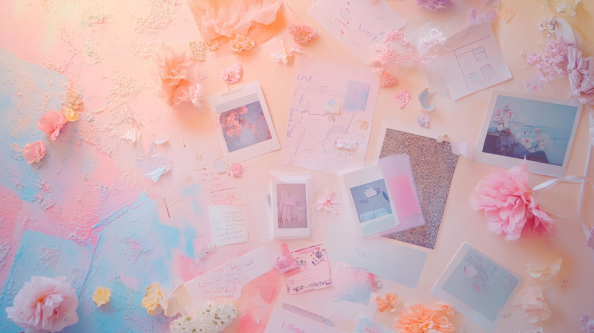 cute wallpapers aesthetic with pastel collage of polaroid photos, sticky notes, doodles, and quotes