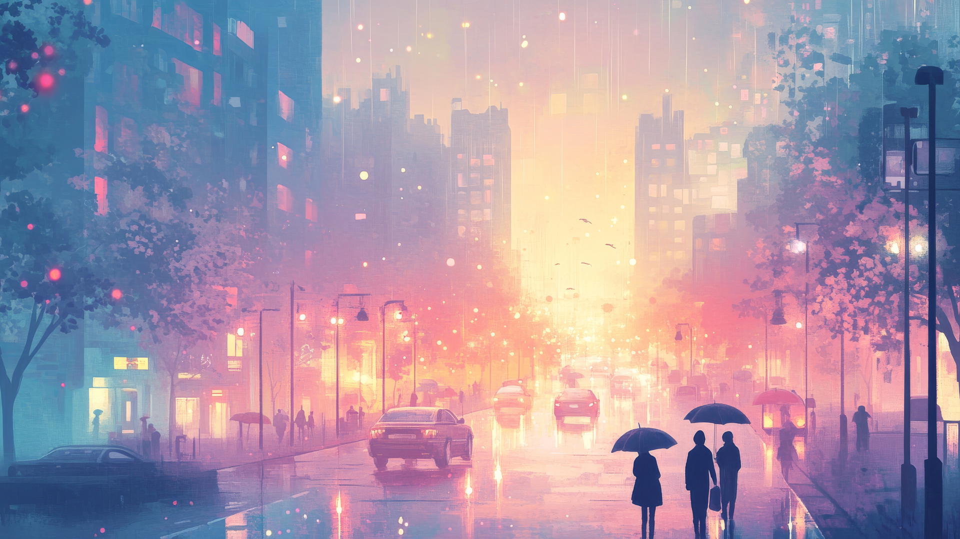 cute aesthetic wallpapers of a pastel cityscape at dusk with glowing windows