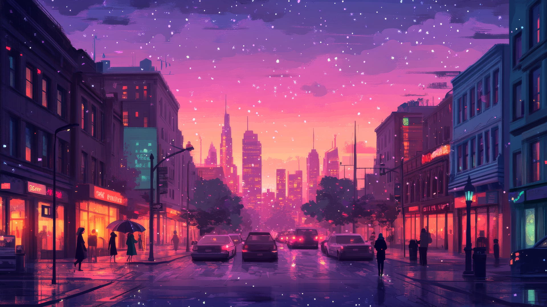 cute aesthetic wallpapers with a pastel cityscape at dusk, glowing windows, tiny cars, and people with umbrellas