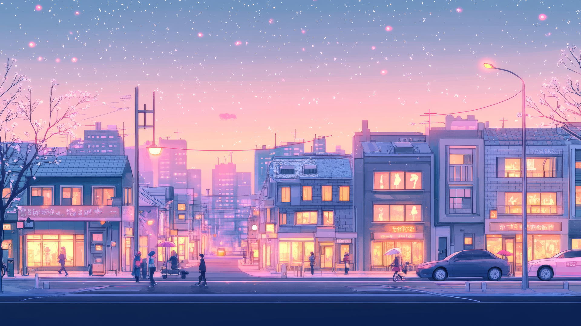 cute aesthetic wallpapers cityscape at dusk with glowing windows, tiny cars, umbrellas