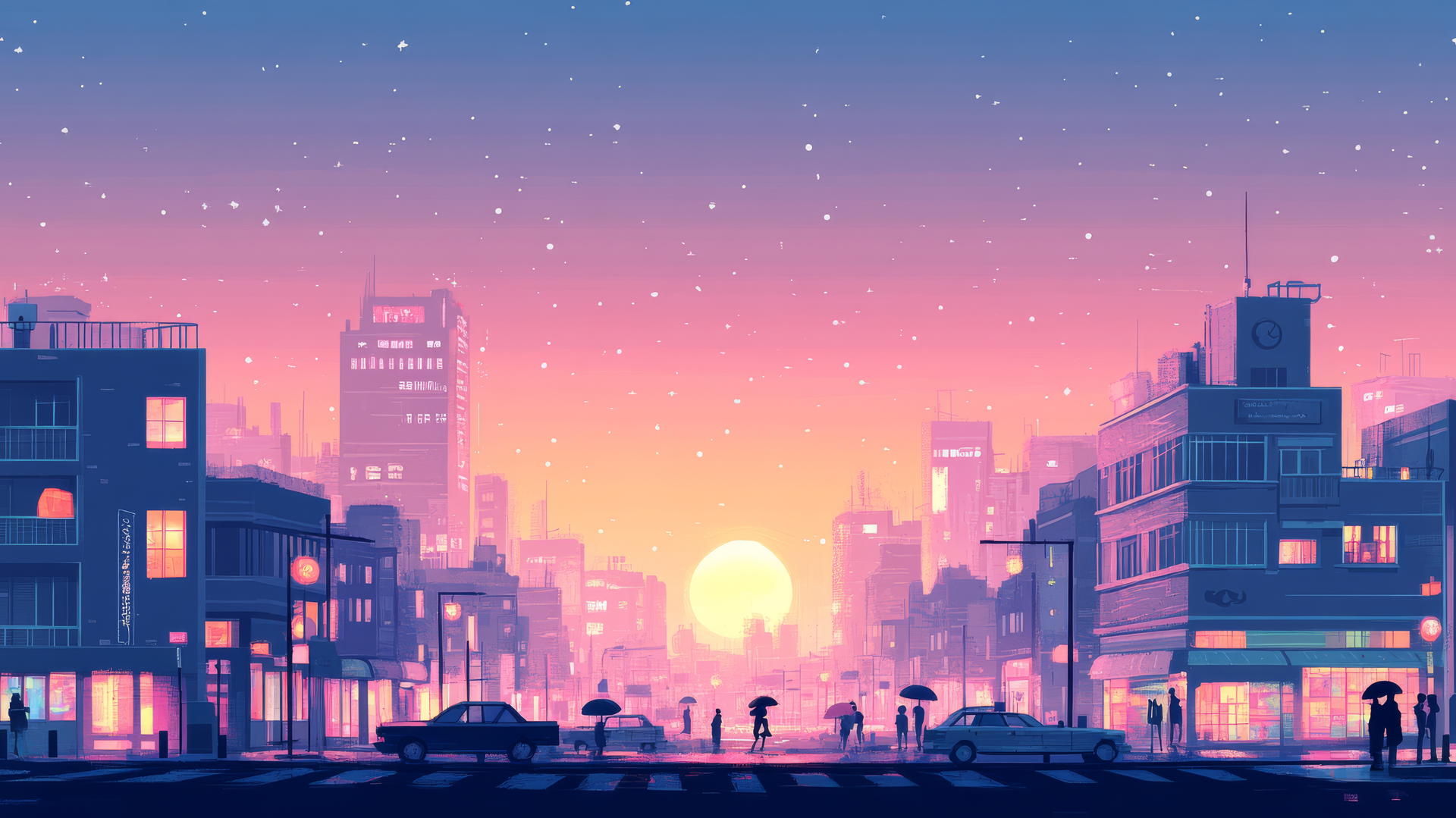 cute aesthetic wallpapers of a pastel cityscape at dusk with softly glowing windows and tiny cars