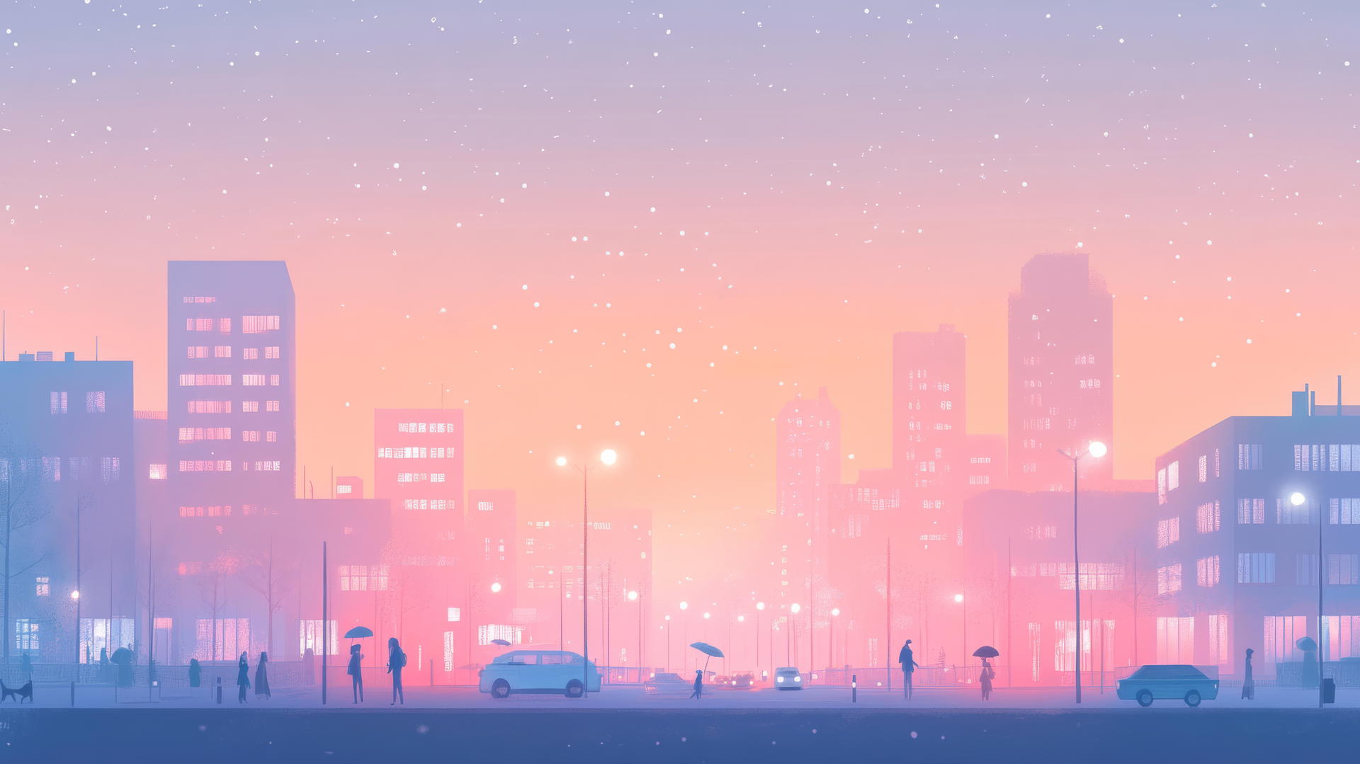 cute aesthetic wallpapers with a pastel cityscape at dusk, glowing windows, tiny cars, and people with umbrellas