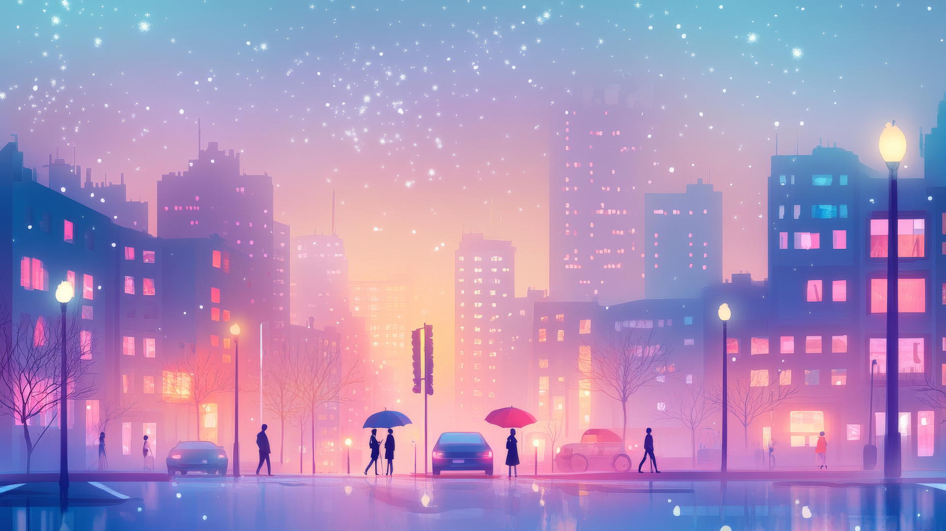 cute aesthetic wallpapers with pastel cityscape at dusk, glowing windows, tiny cars, people with umbrellas