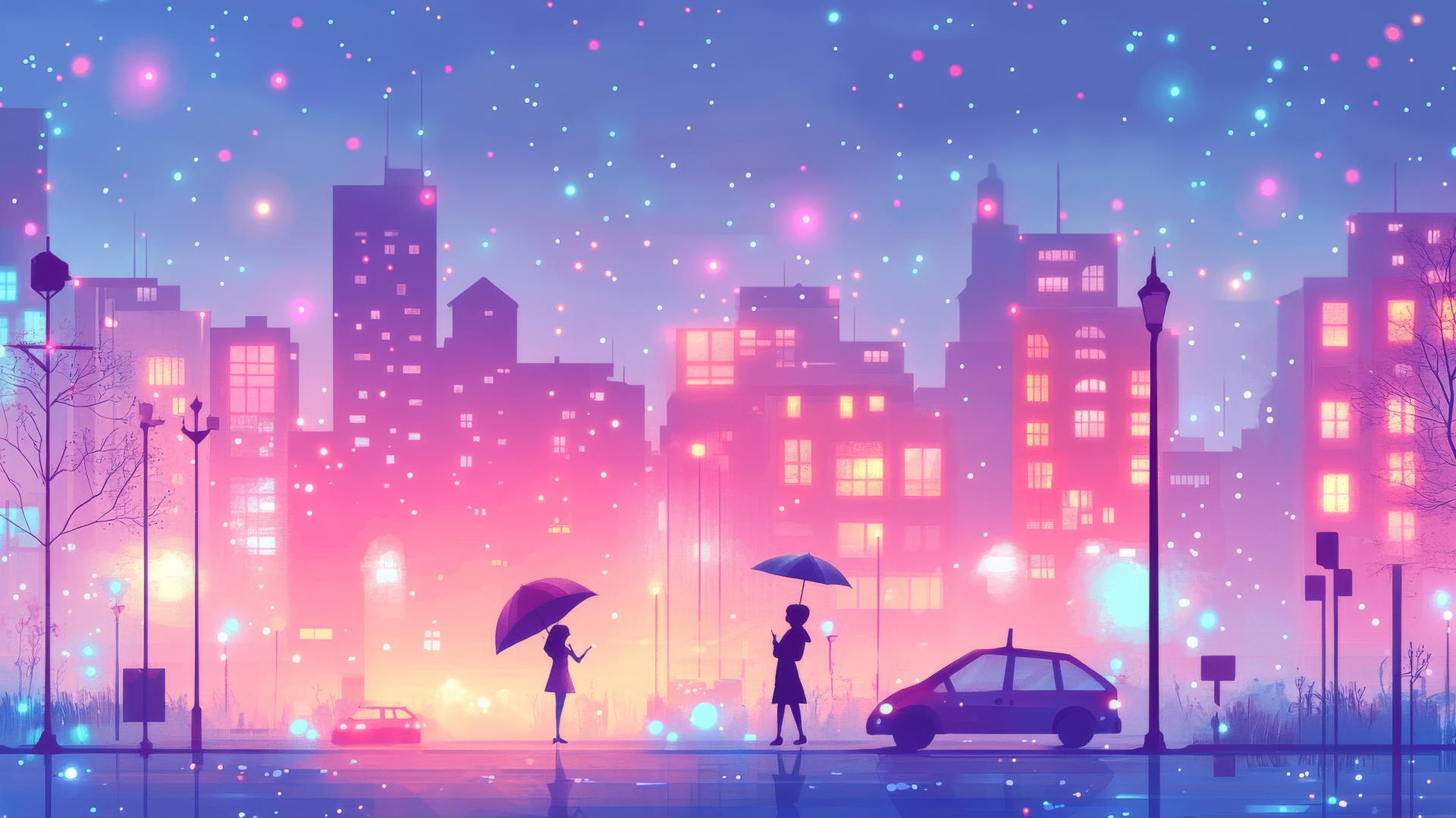 cute aesthetic wallpapers with pastel cityscape at dusk, glowing windows, tiny cars, and people with umbrellas
