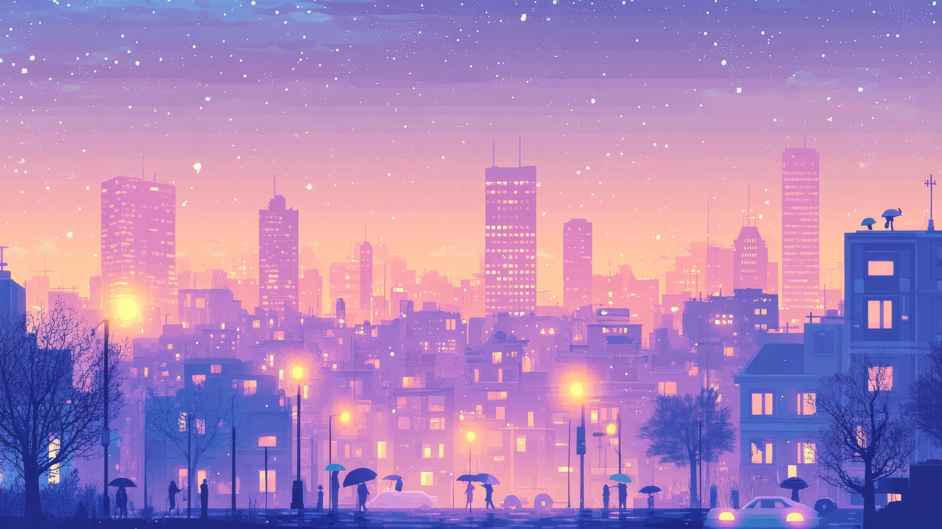 cute aesthetic wallpaper of a pastel cityscape at dusk with glowing windows and twinkling stars