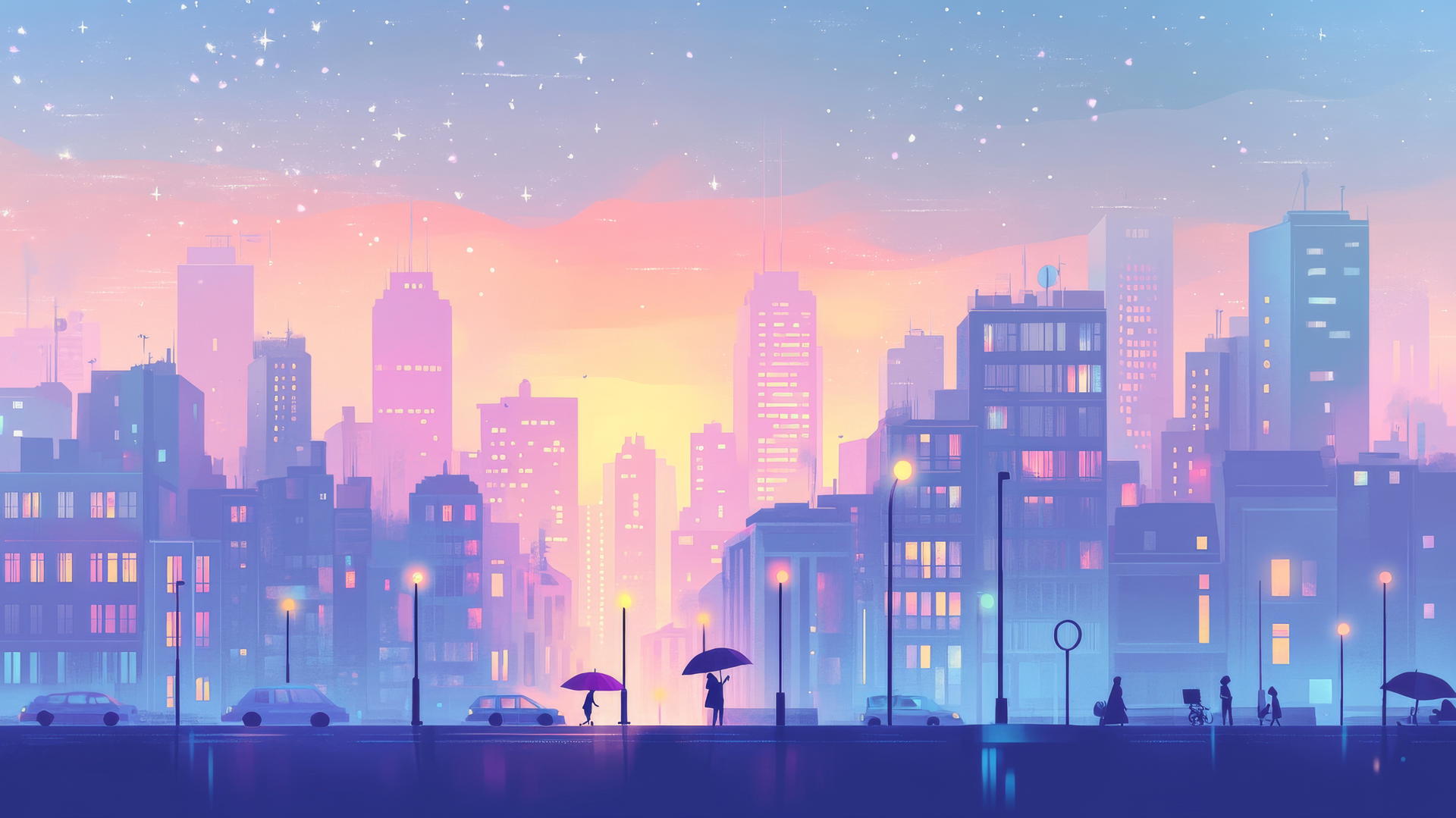 cute aesthetic wallpapers, pastel cityscape at dusk, glowing windows, tiny cars, umbrellas
