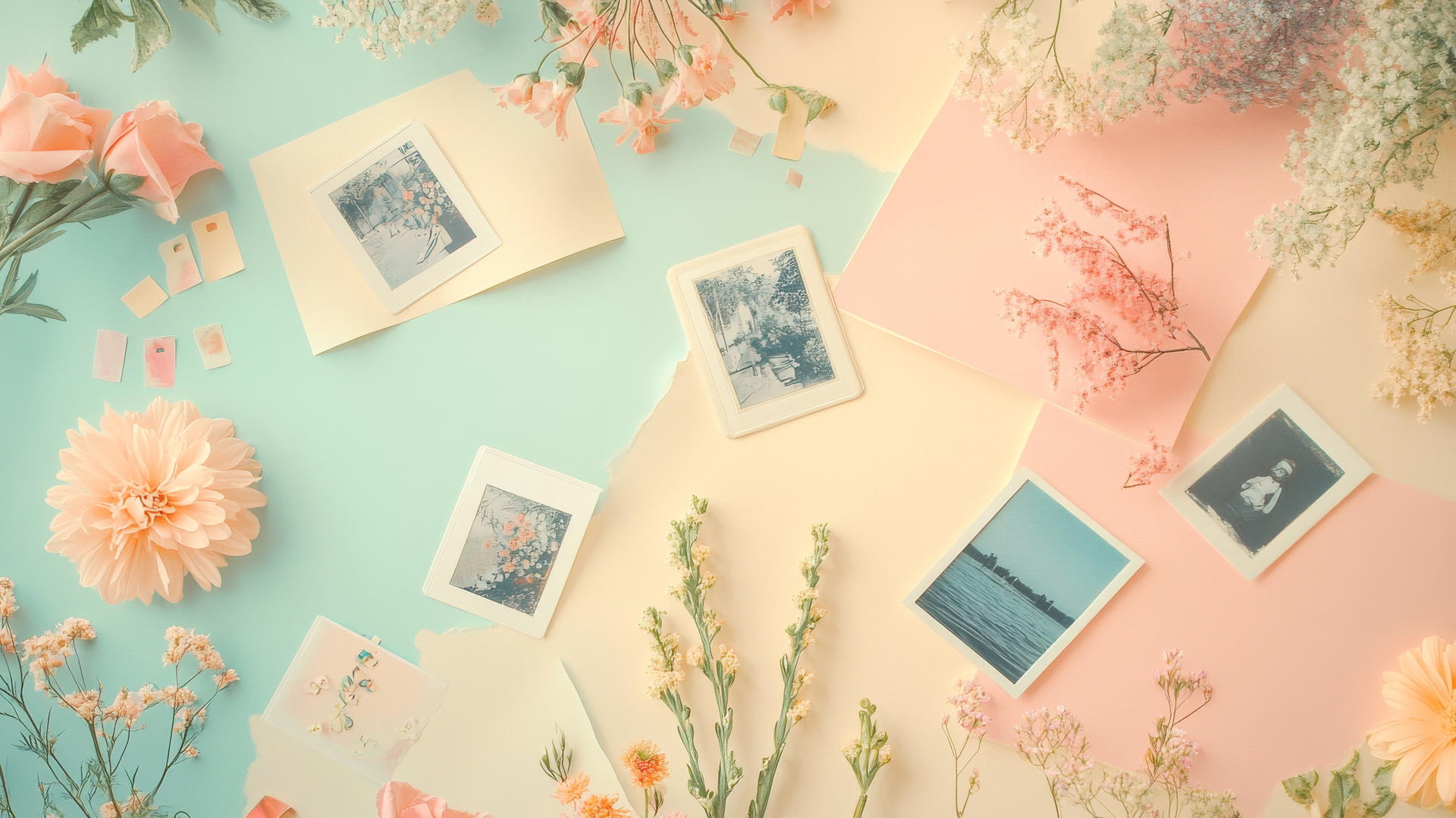 Cute aesthetic wallpapers with pastel-colored collage, polaroids, sticky notes, flowers, and vintage postcards on a soft cream background.