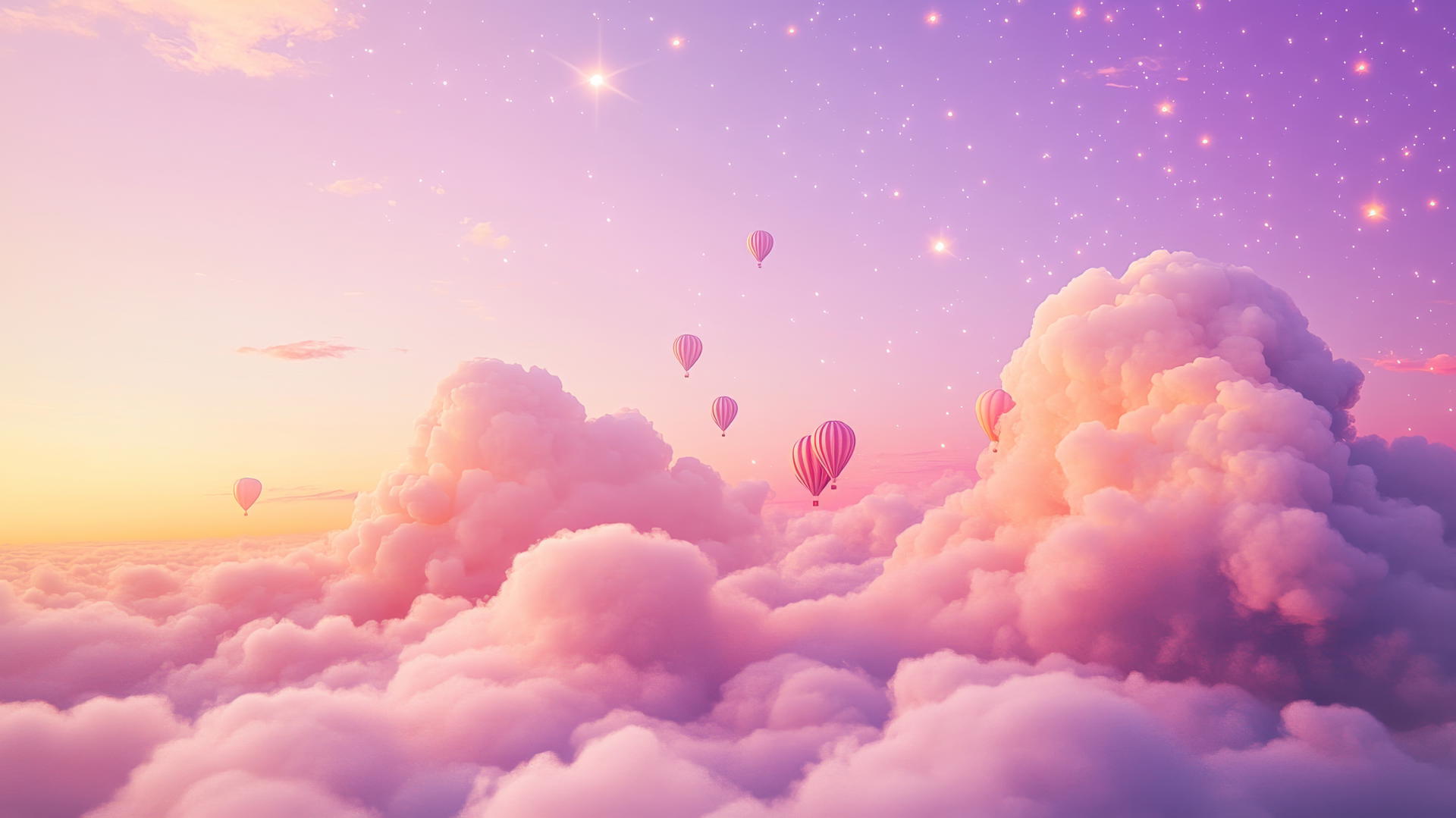 cute aesthetic wallpapers with dreamy cloudscape, pastel clouds, hot air balloons, stars