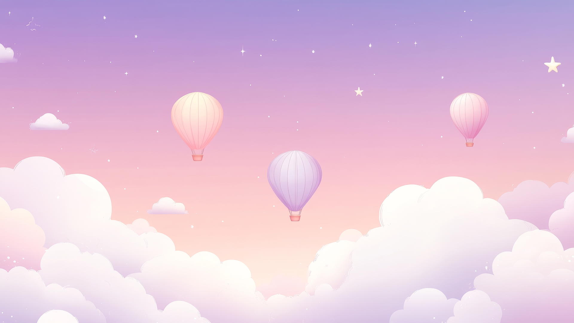 cute aesthetic wallpapers with dreamy cloudscape, pastel clouds, tiny hot air balloons, stars