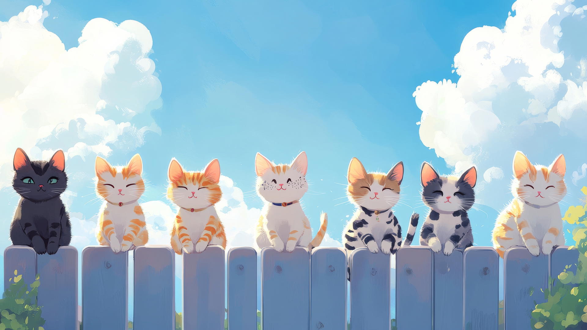 cute wallpapers featuring cartoon cats on a fence against a blue sky with clouds