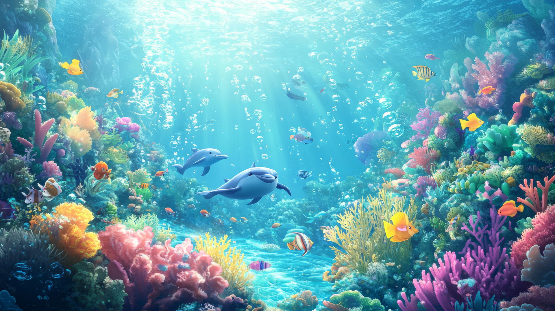 Serene underwater scene with cute cartoon sea creatures. Perfect for cute wallpapers.