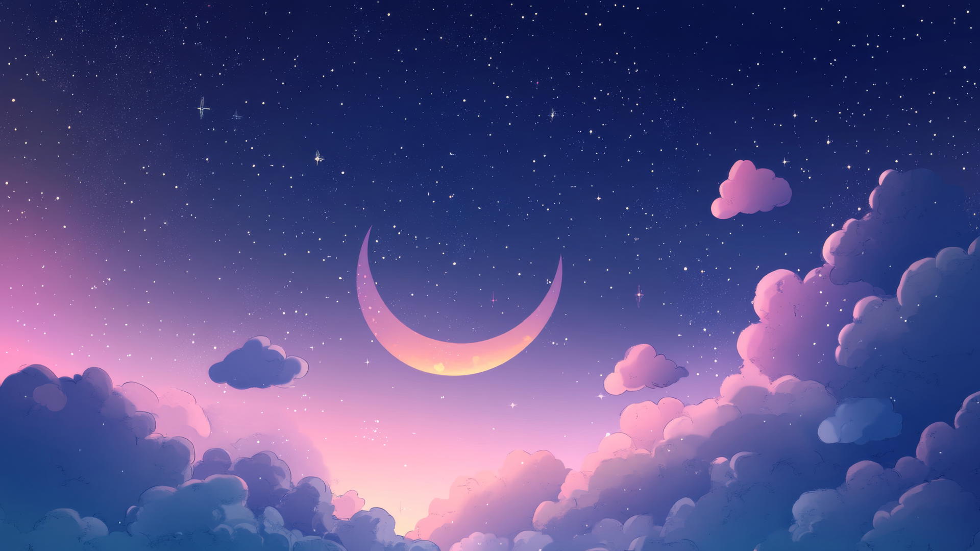 cute wallpapers of a night sky with stars, crescent moon, and sleeping clouds in dreamy colors
