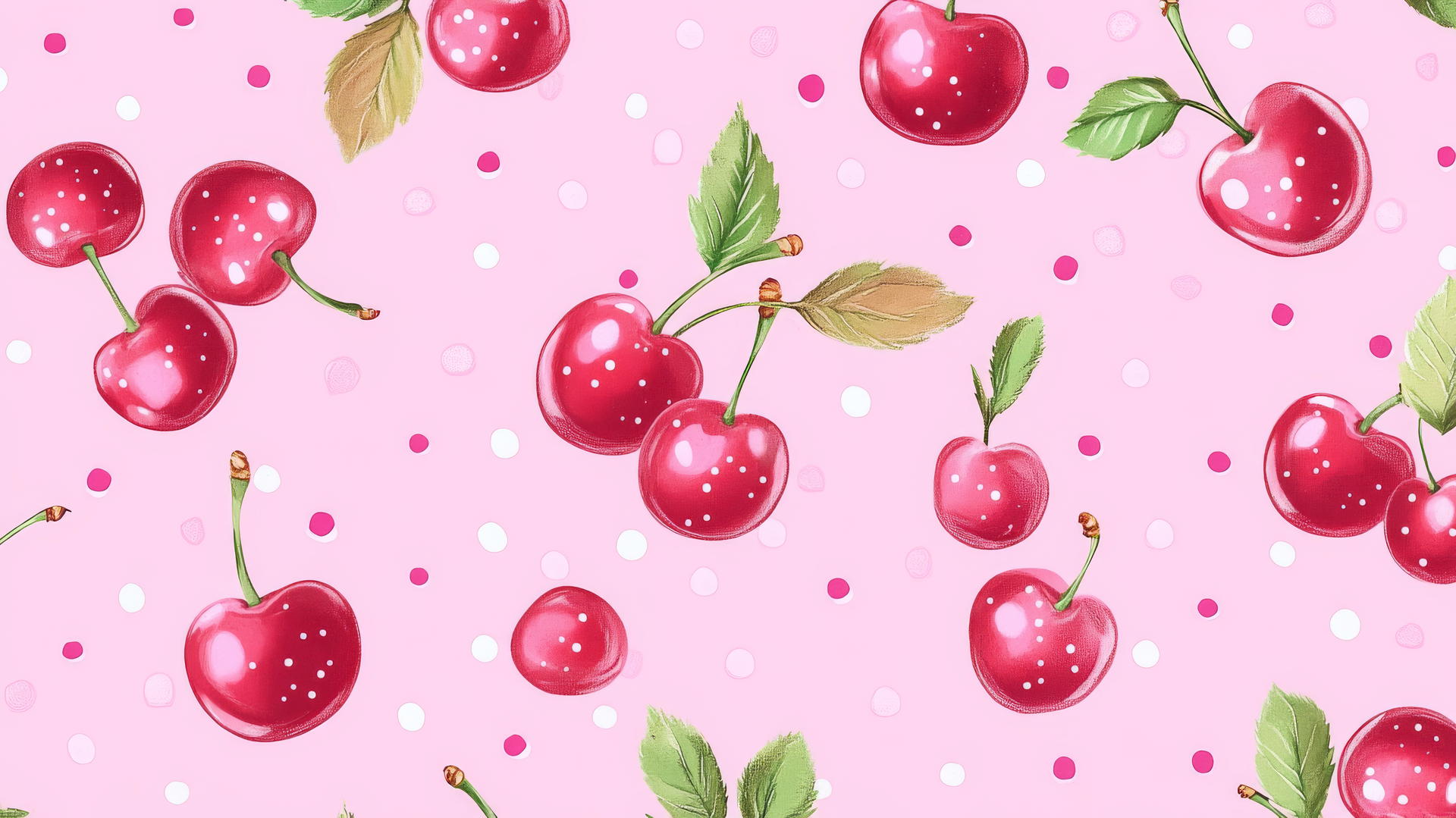 cute hot pink wallpaper with cartoon cherries and polka dots