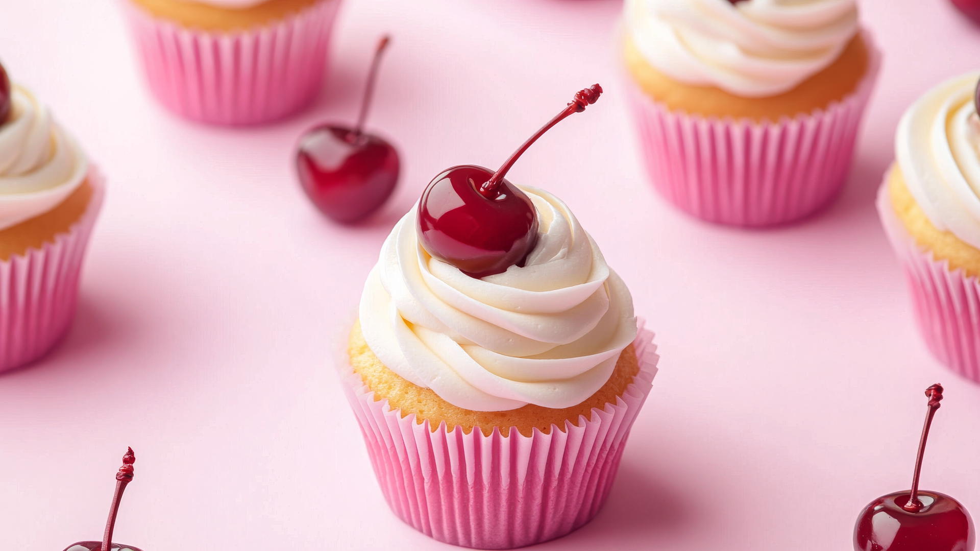 cute hot pink wallpaper with kawaii-style cupcakes topped with cherries